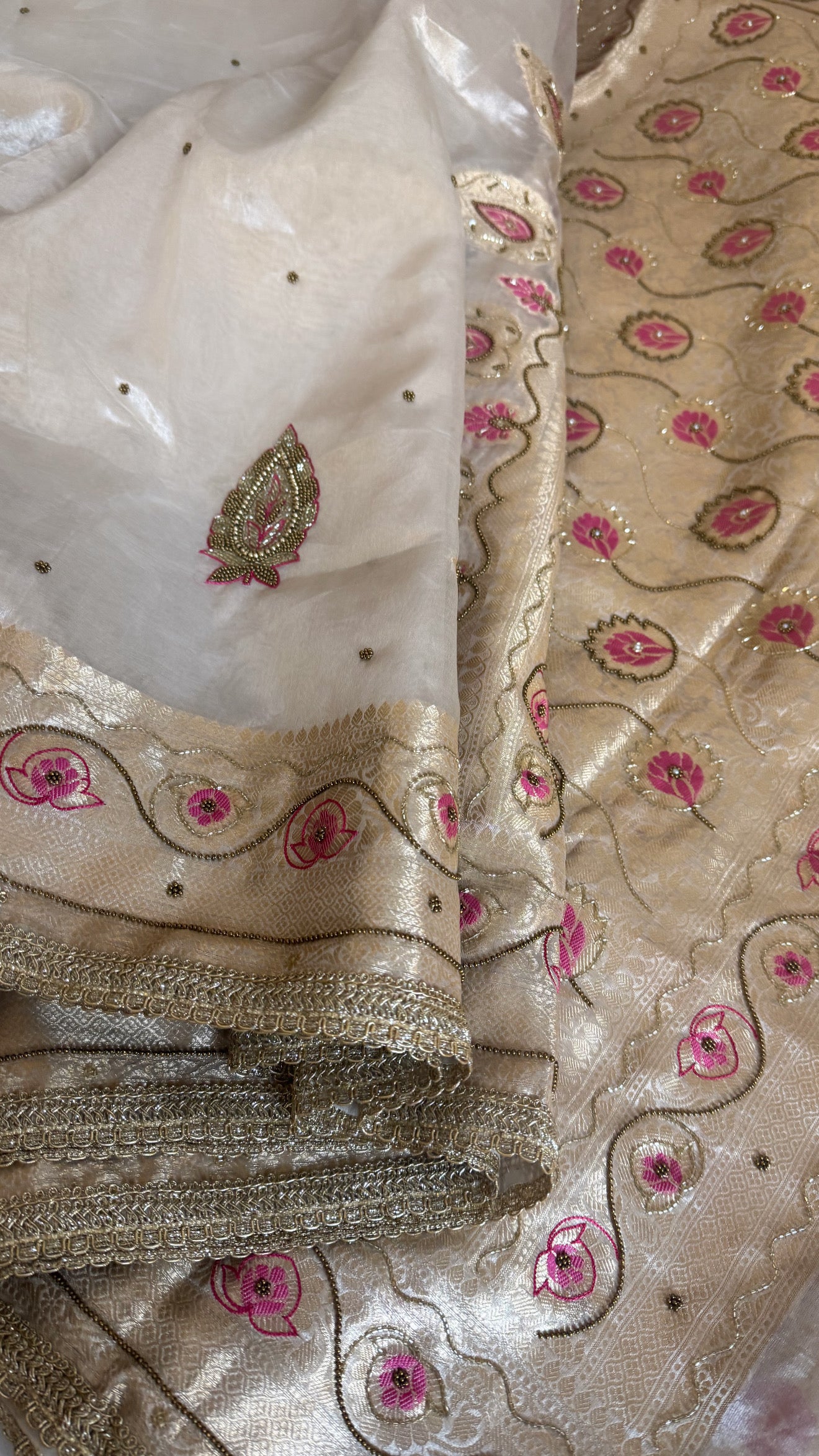 Moonlight silver diamond tissue silk kadhwa meenakari hand embroidered saree