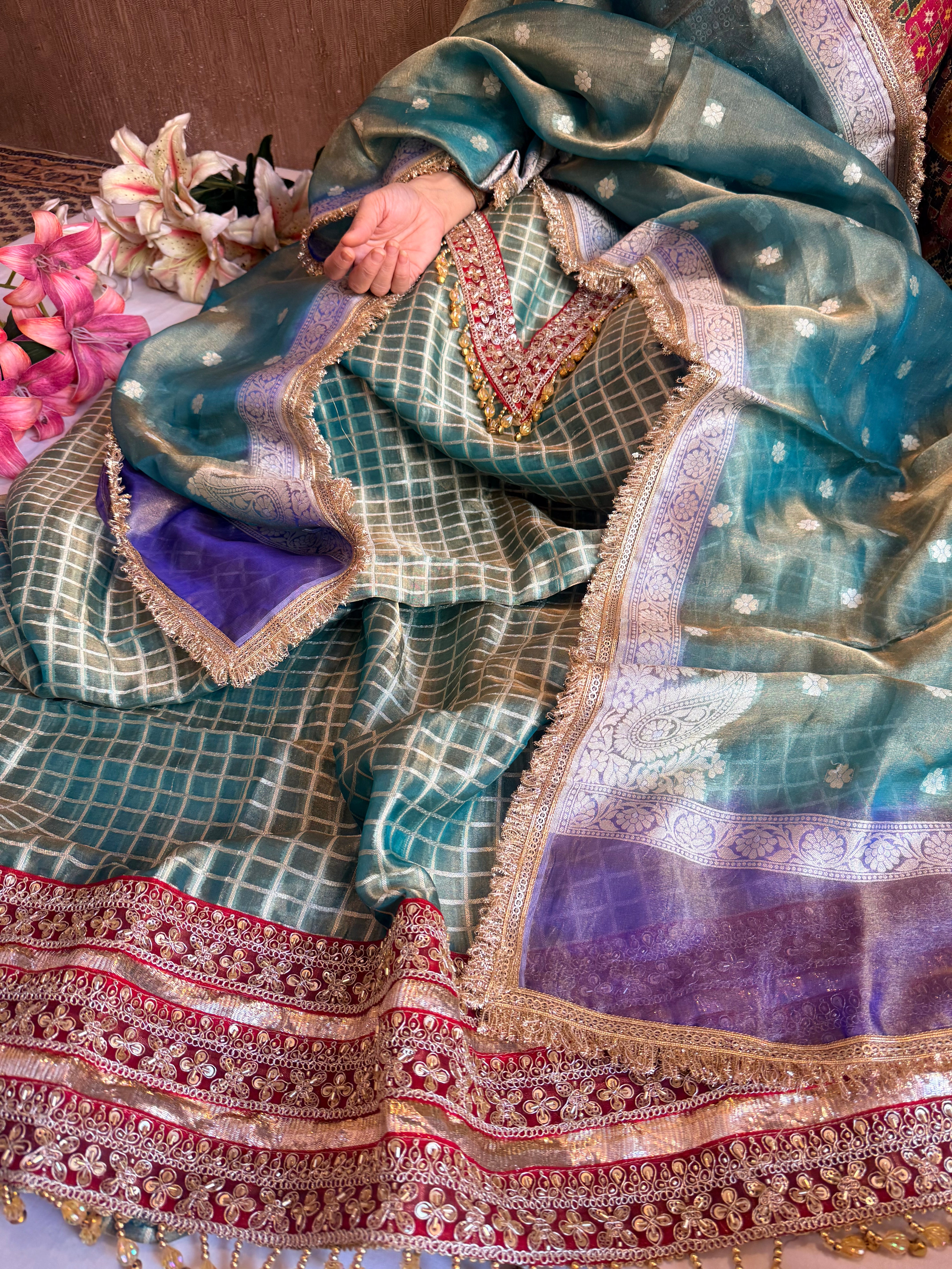 Banarasi tissue silk lampiwork chap dye hand embroidered embellished suit set