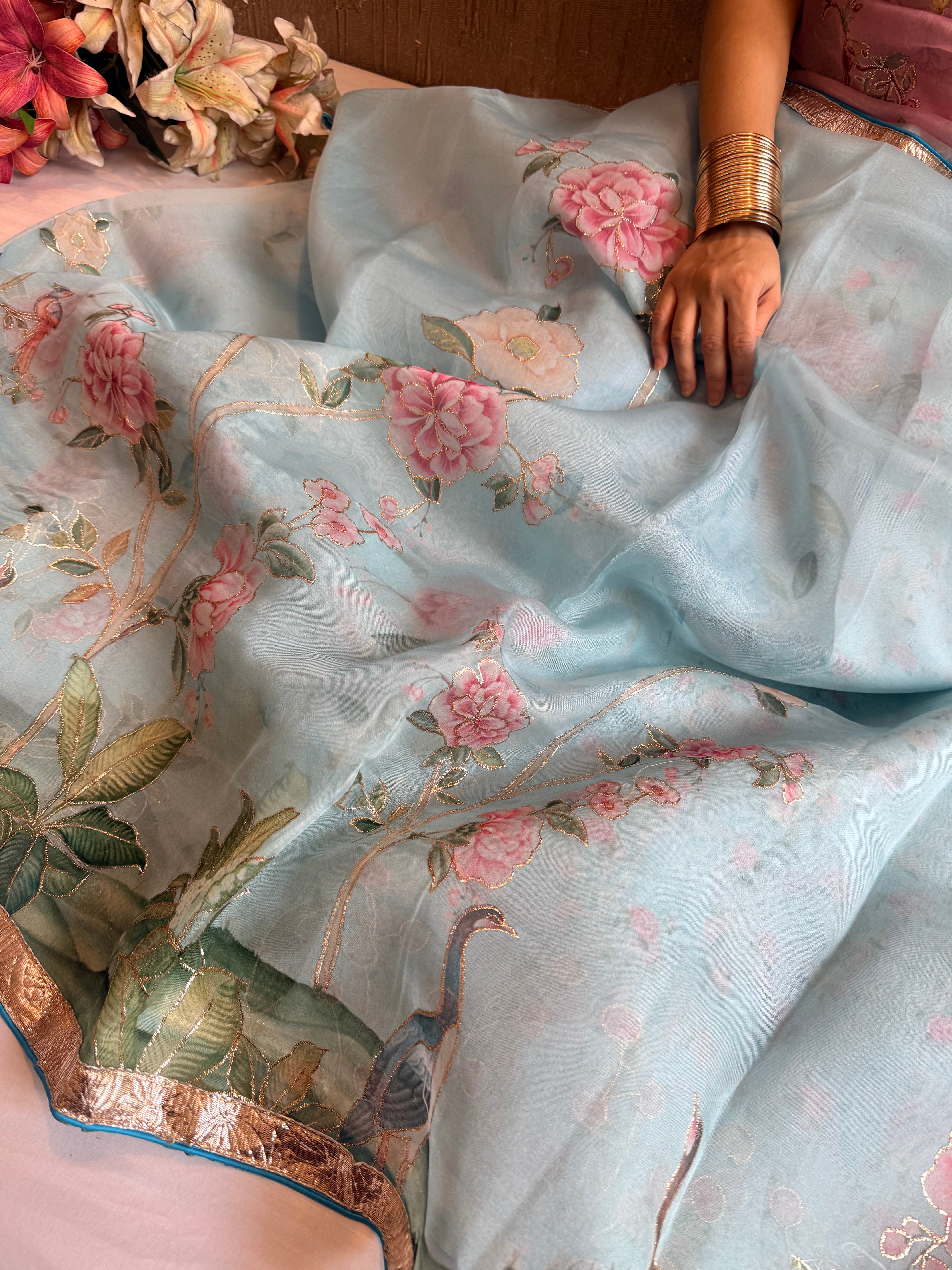 Kora silk lampi gotapatti hand embroidered saree
