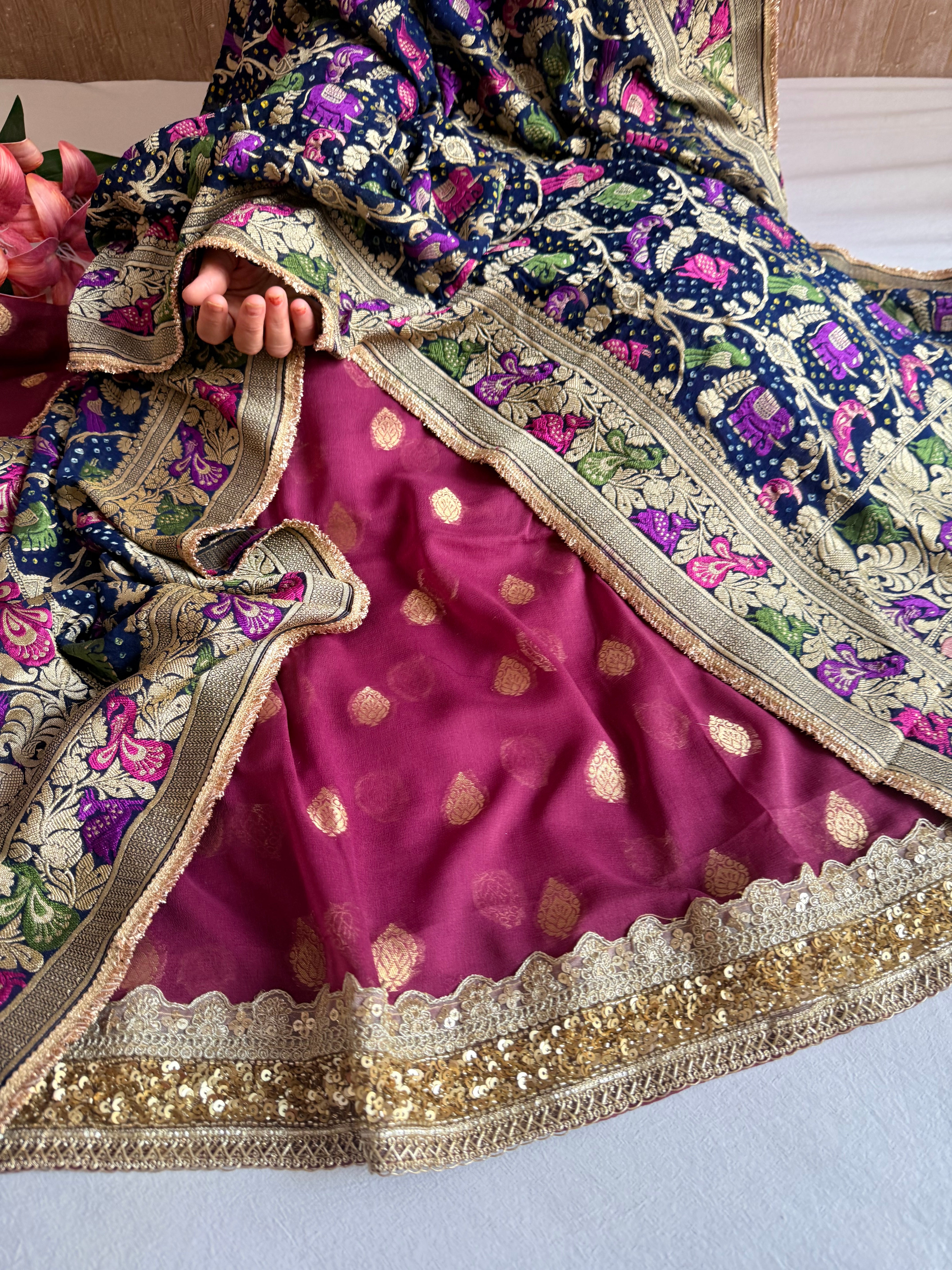 Rai bandhej chiffon gorgette sequin work hand embroidered suit set