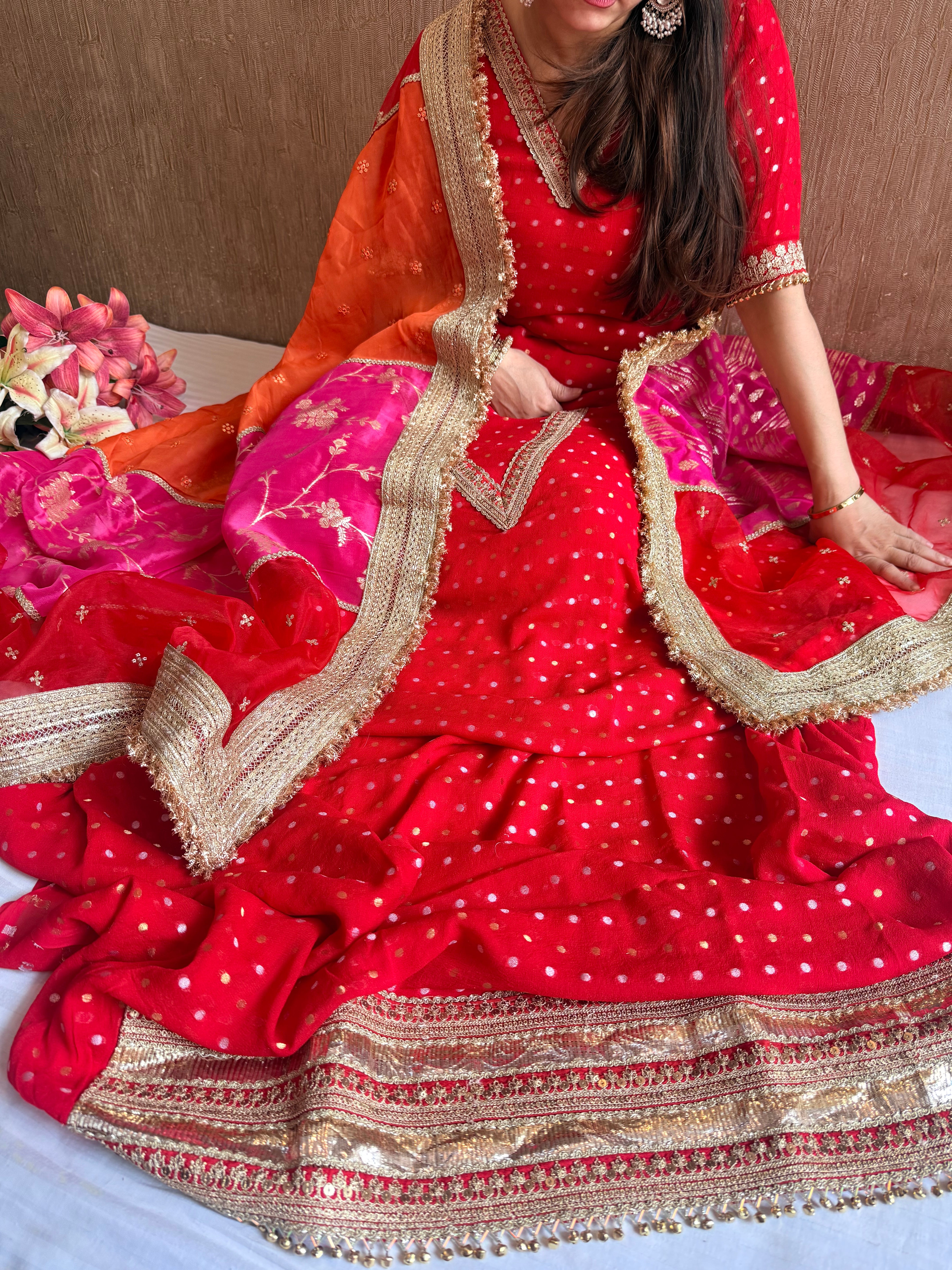 Teej & Karwachauth edit blood red chiffon gorgette hand embroidered multicolour duppata set
