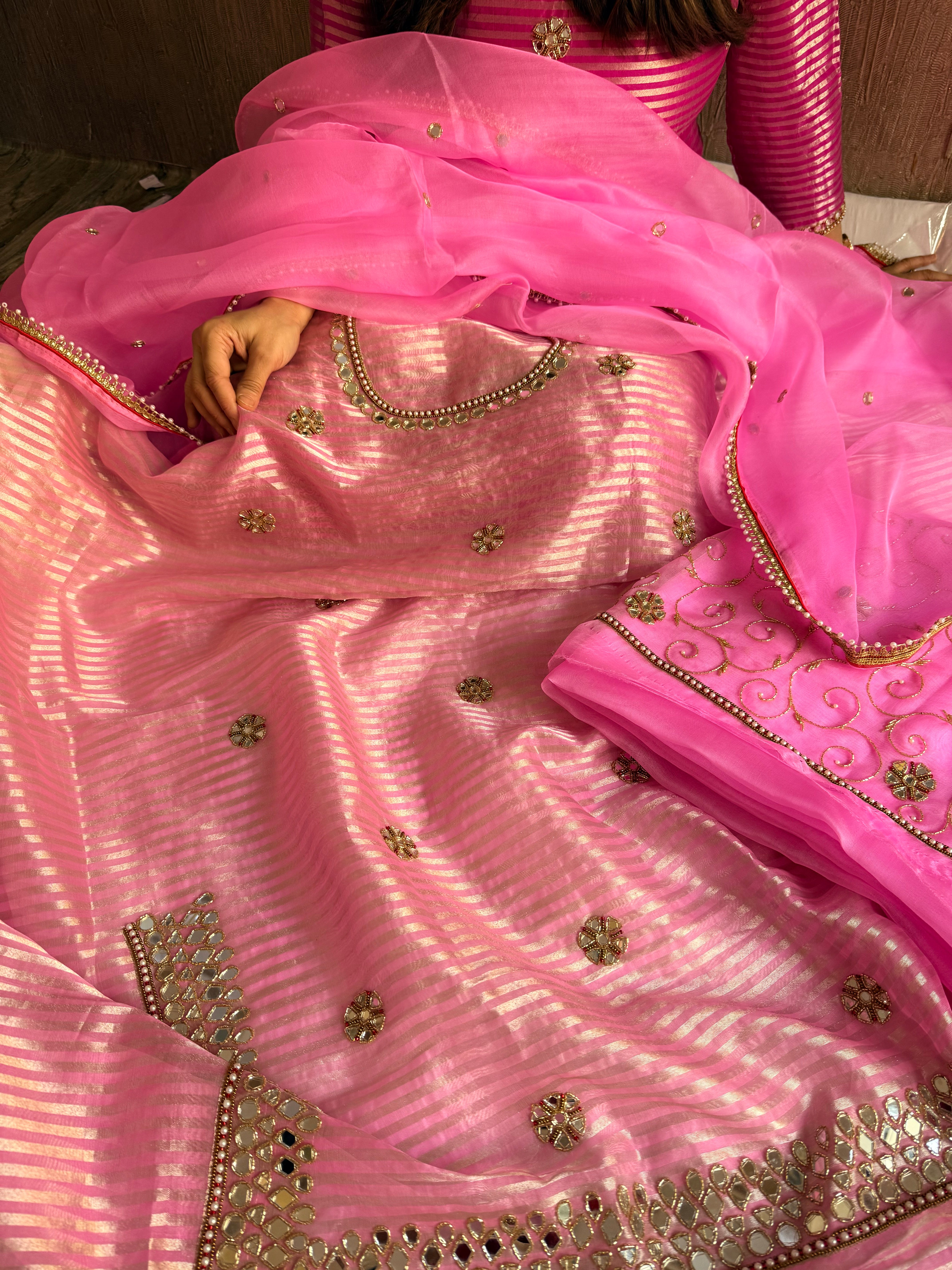 Kora silk silver zari striped mirror work edit hand embroidered kadhwa suit set