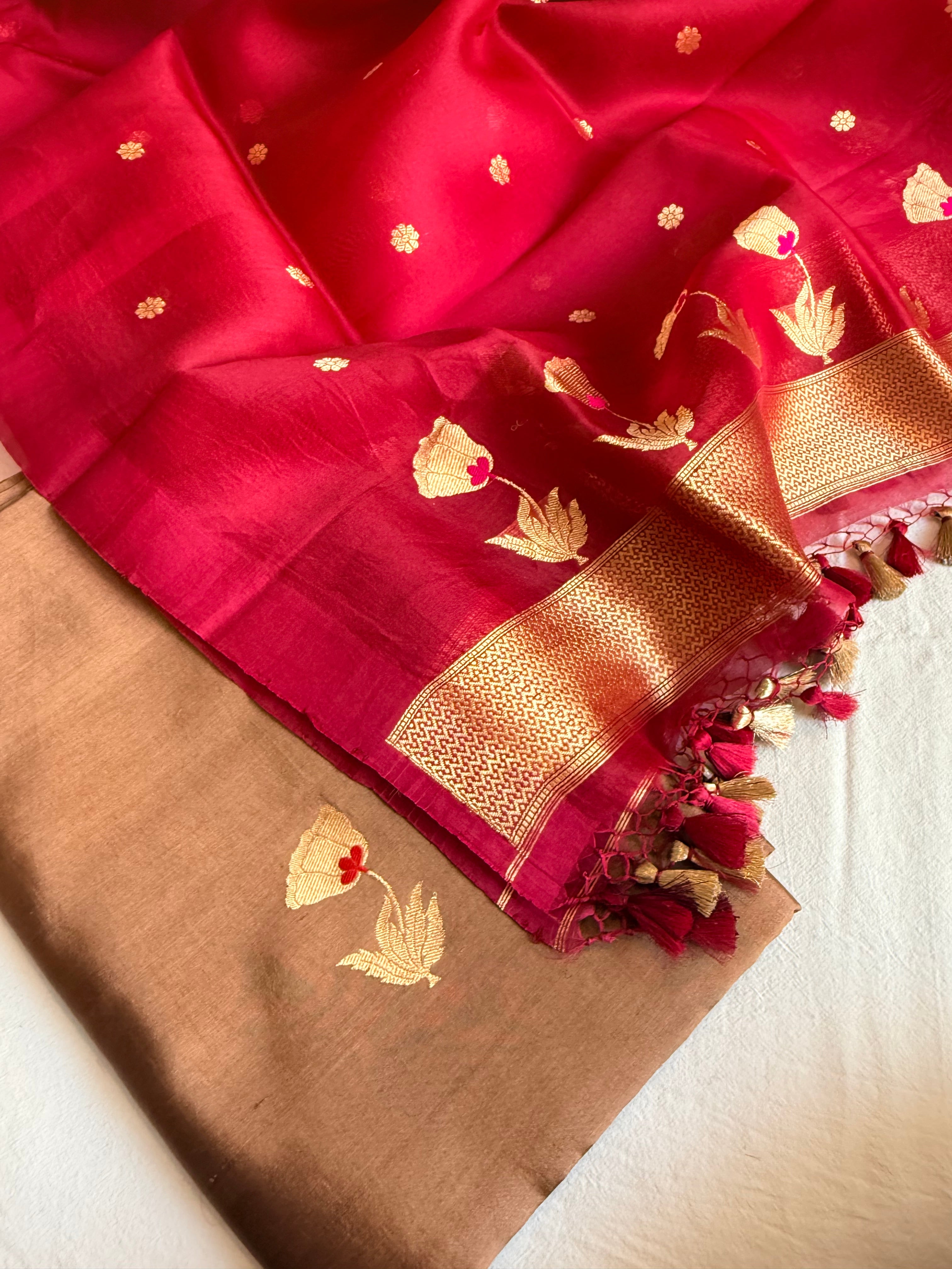 Rose buta spun chiniya silk kadhwa buti suit set