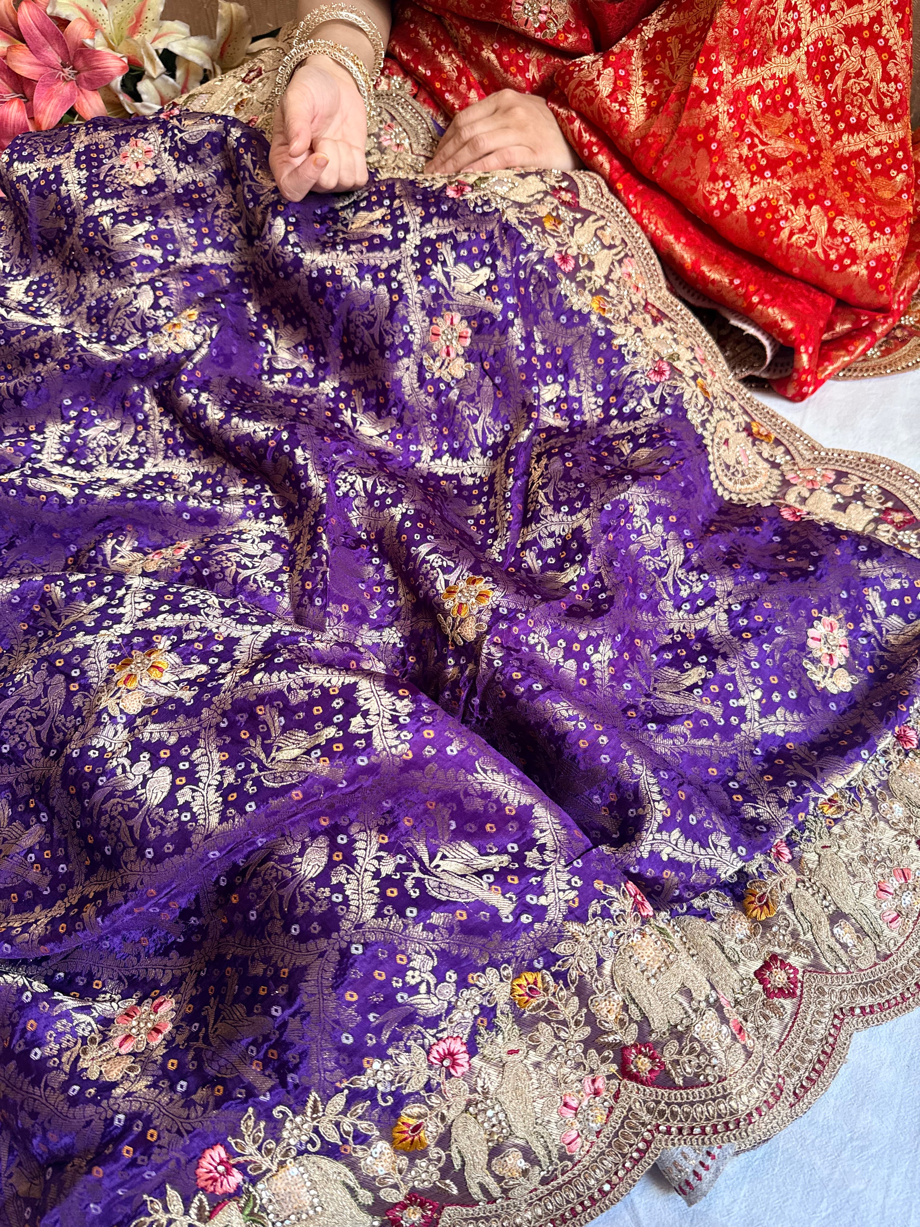 Banarasi bandhej crepe tissue silk embroidered saree