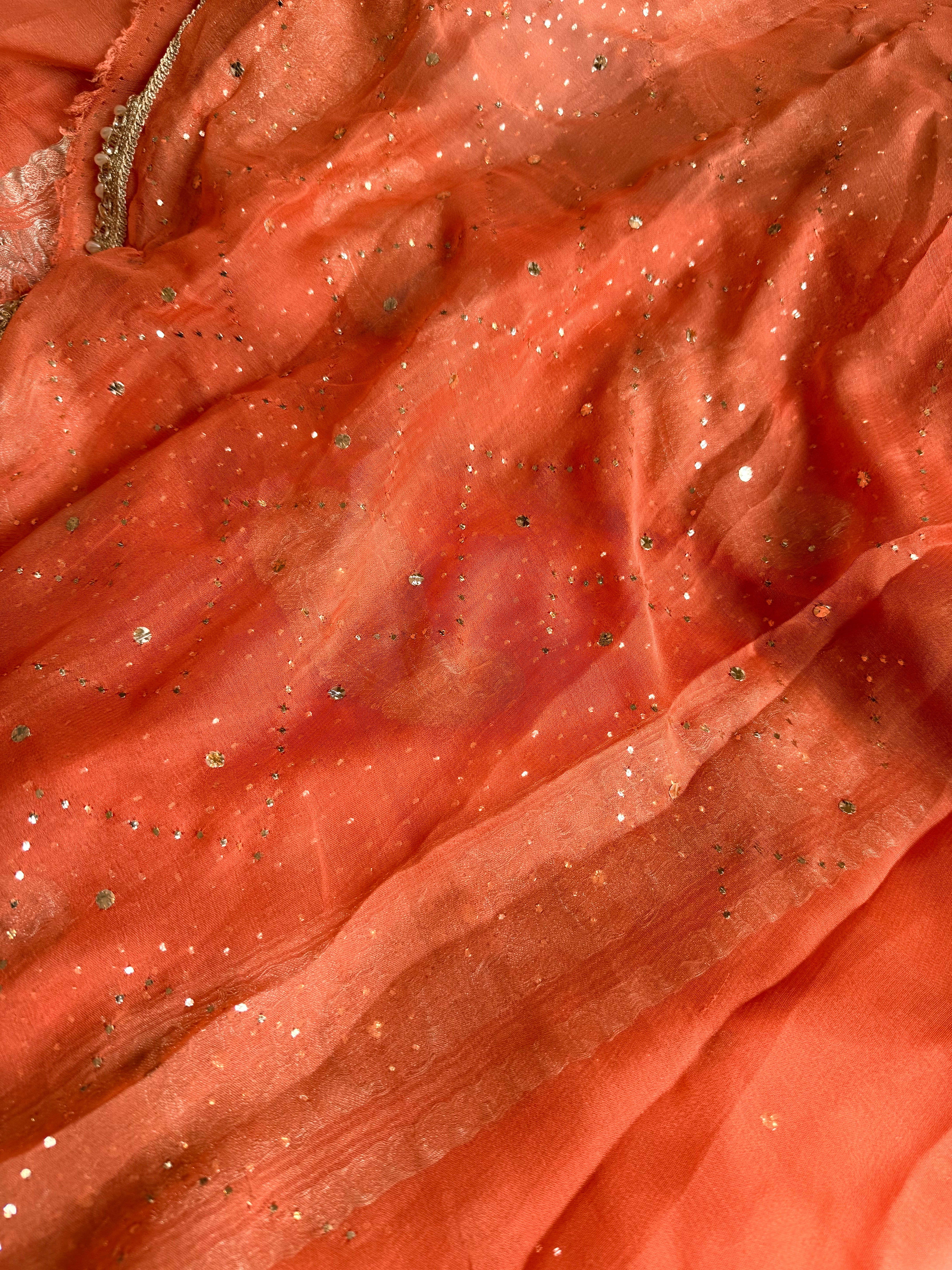 Chiffon gorgette banarasi fanta orange mukaish work hand embroidered saree