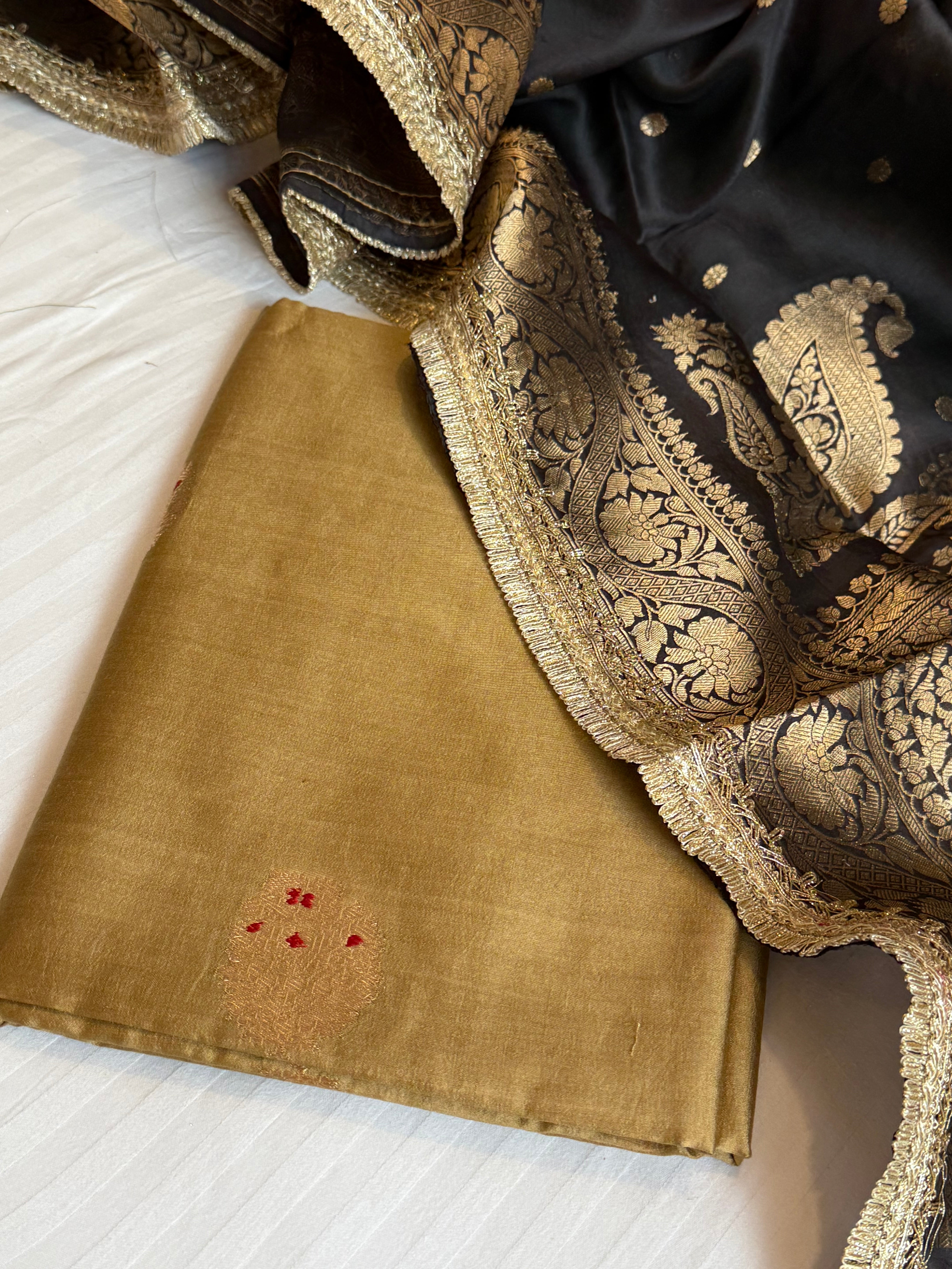 Banarasi olive-gold black combination kohniya buti silk suit sets