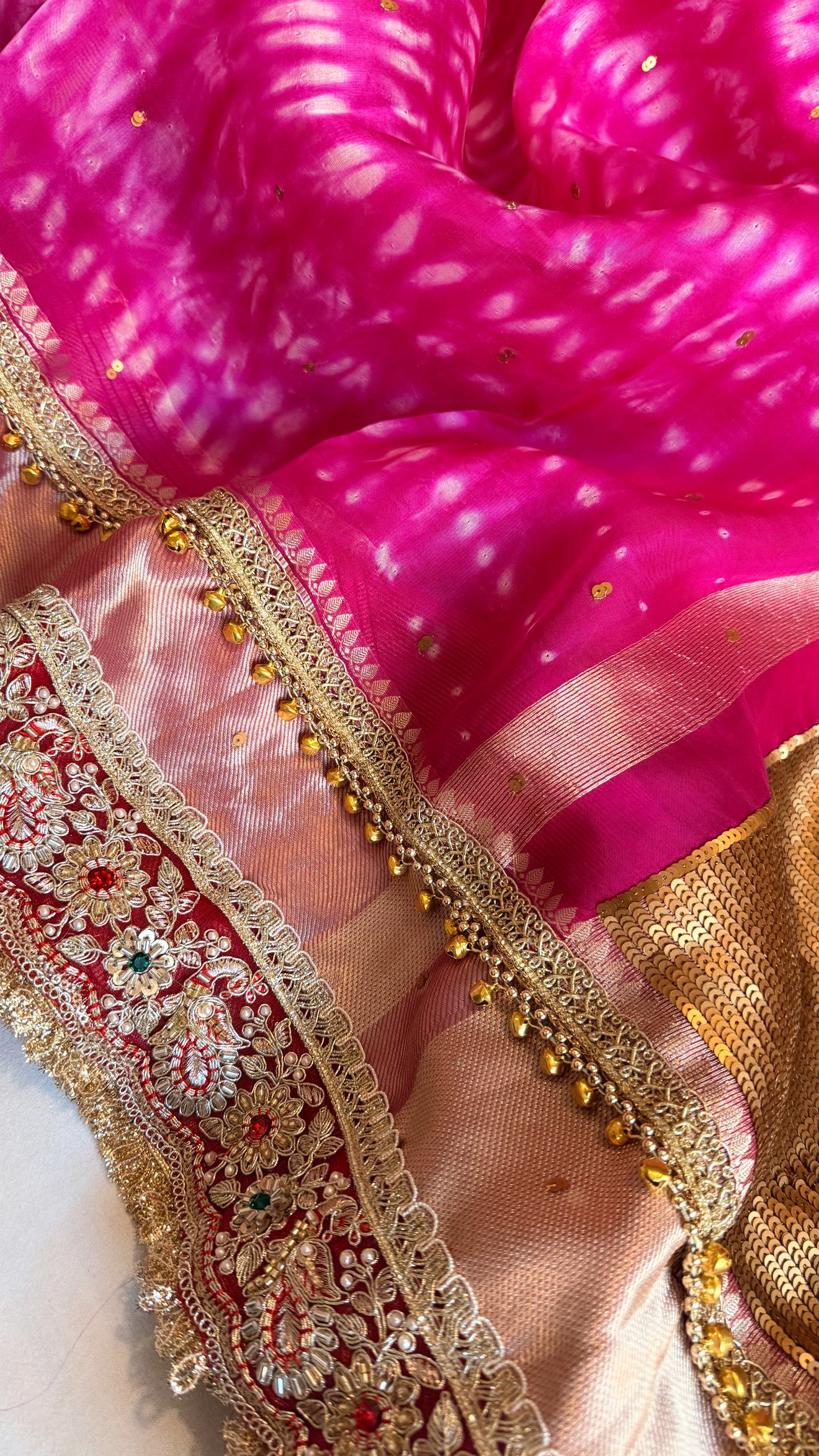 Chan Chan ghungroo hot pink work kora silk leheriya dye kadhwa saree