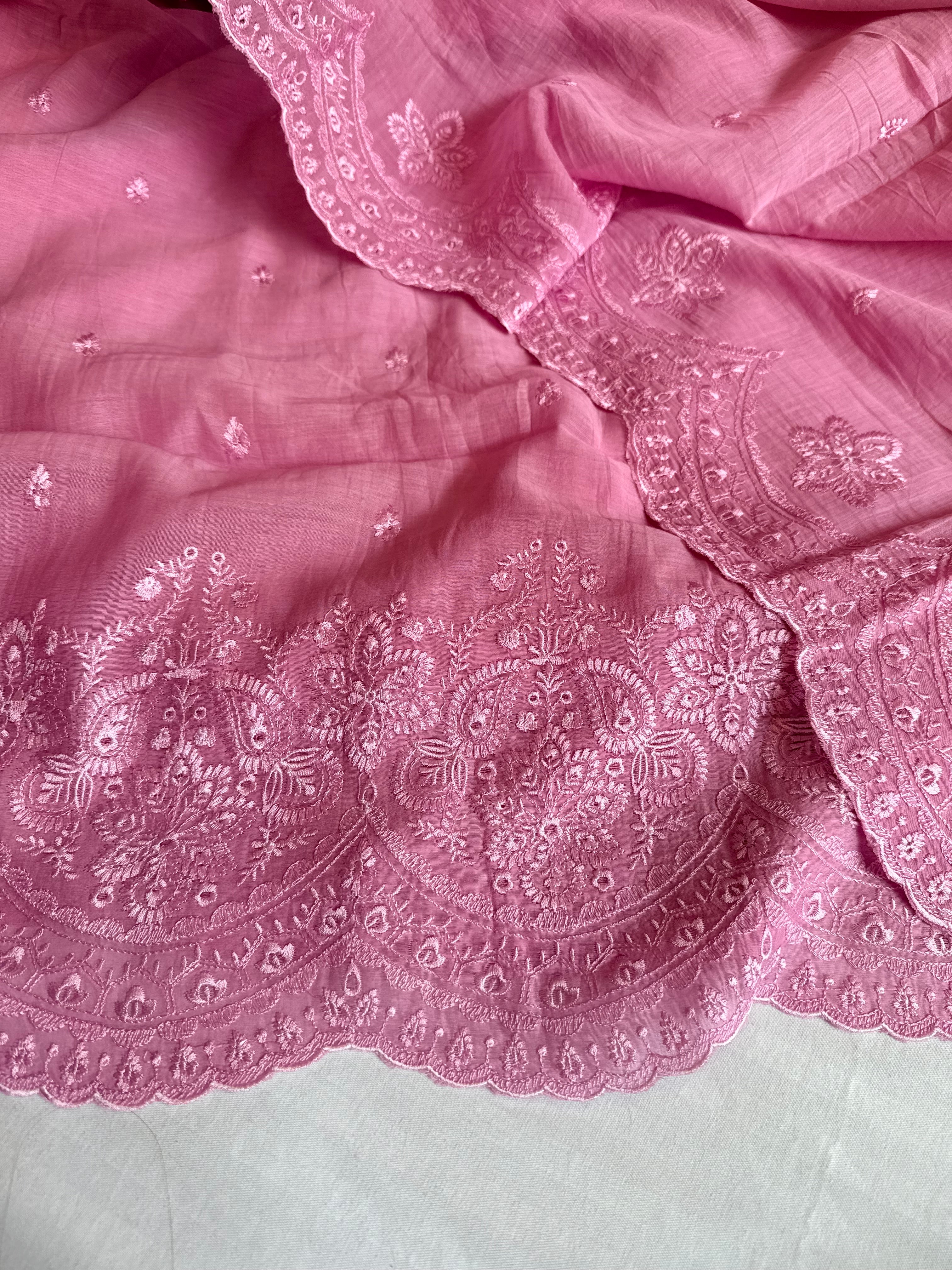 Candy pink mul cotton thread hand embroidered suit set