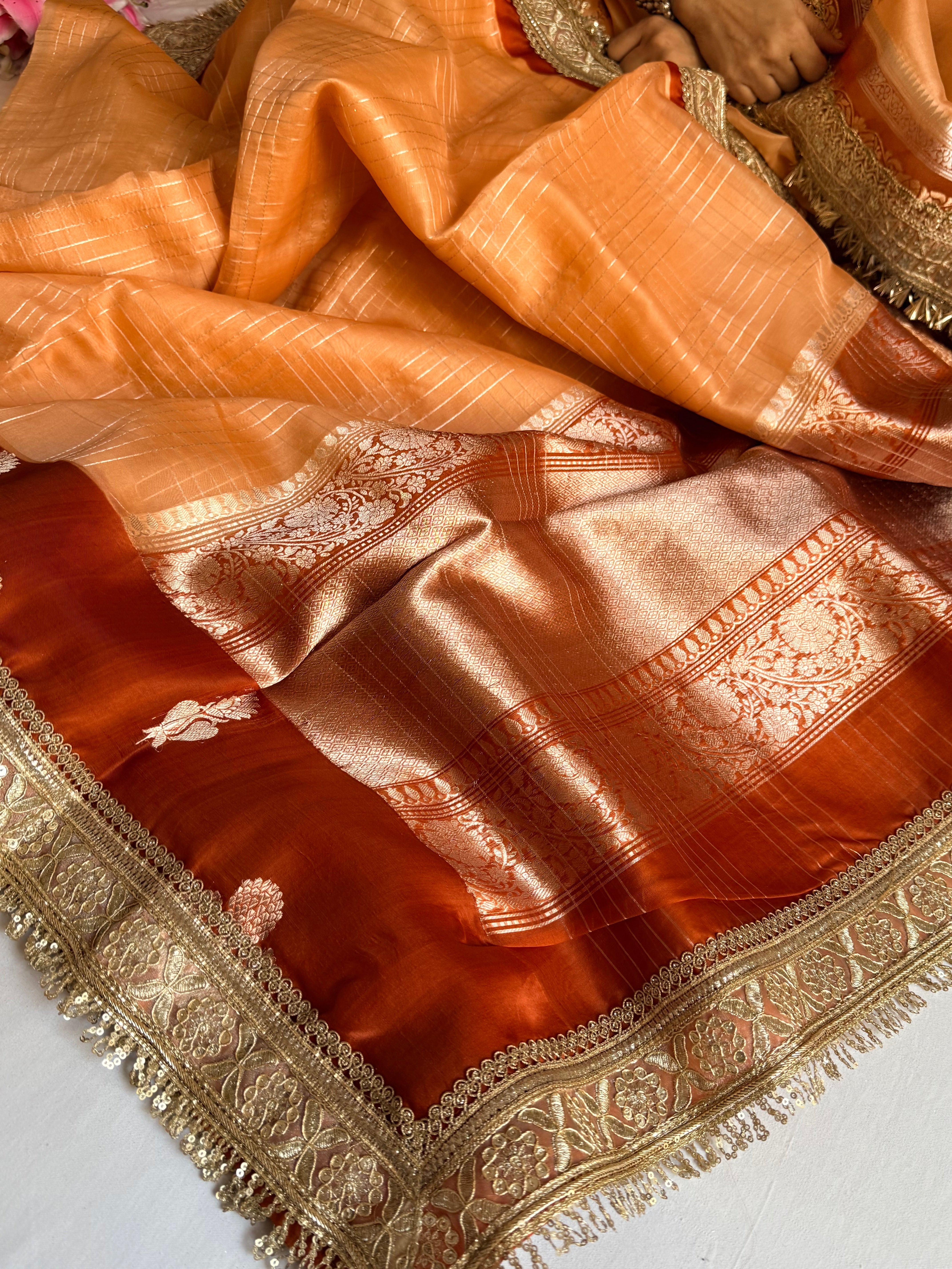 Banarasi leela burnt orange-red kora silk kadhwa saree