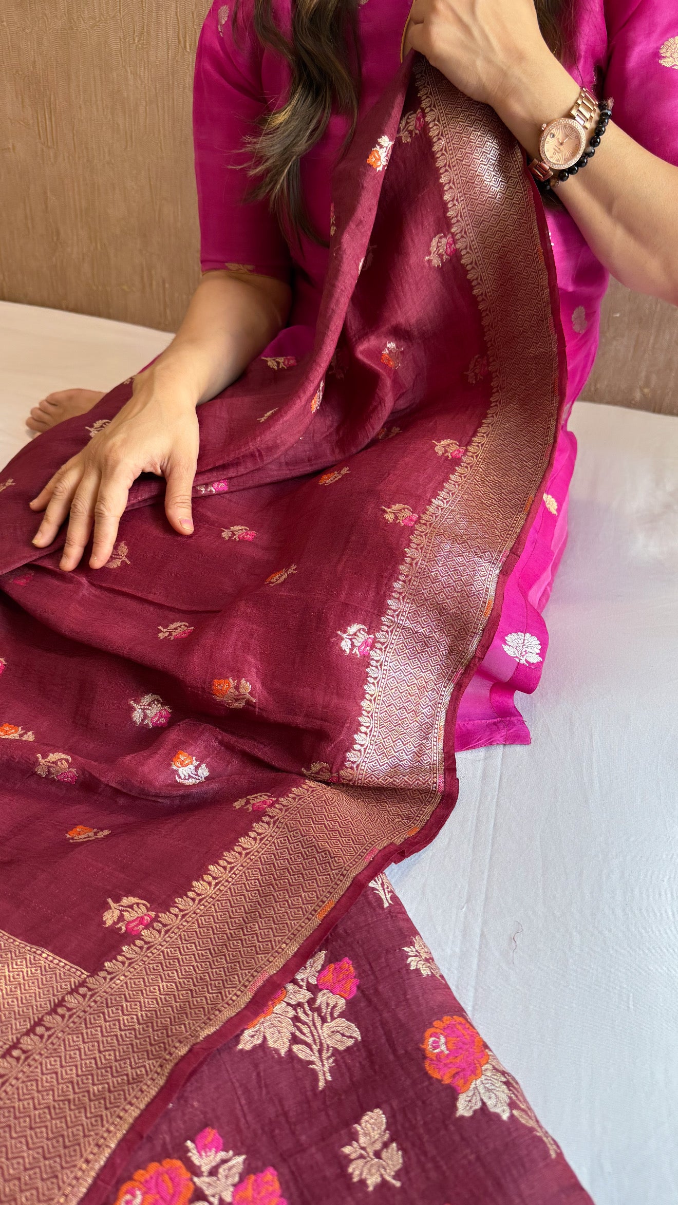 Linen gorgette burgundy kadhwa meenakari rose buta suit set