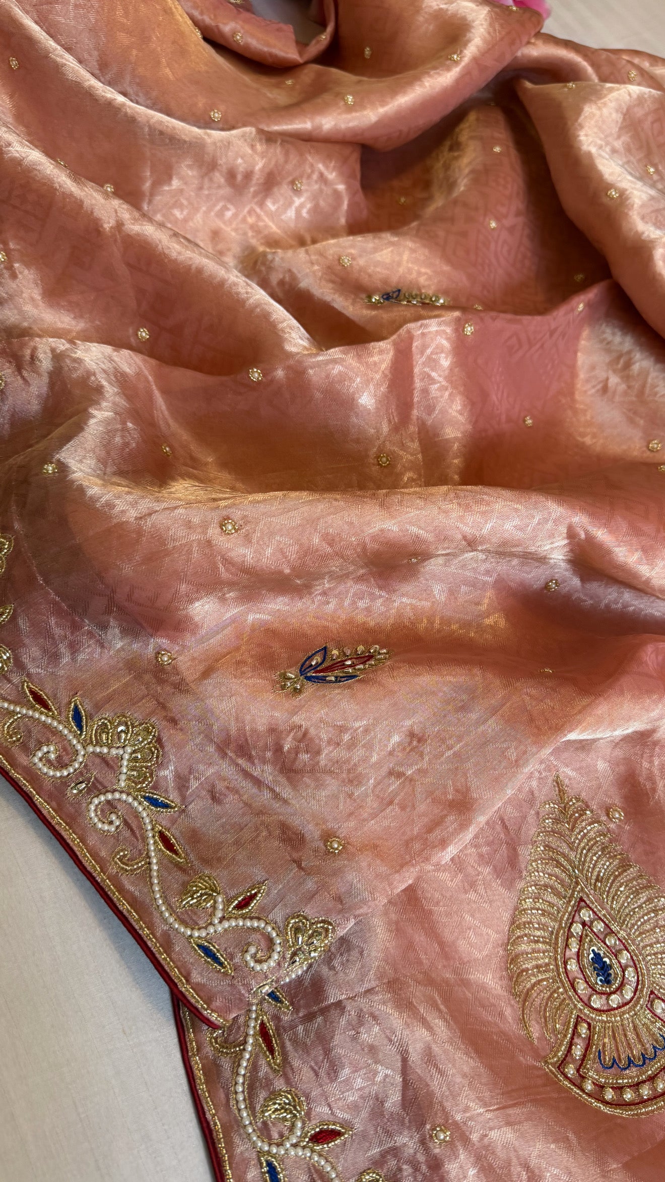 Pakeezah edit 2.0 - Gajri shade zardozi hand embroidered tissue silk kadhwa saree