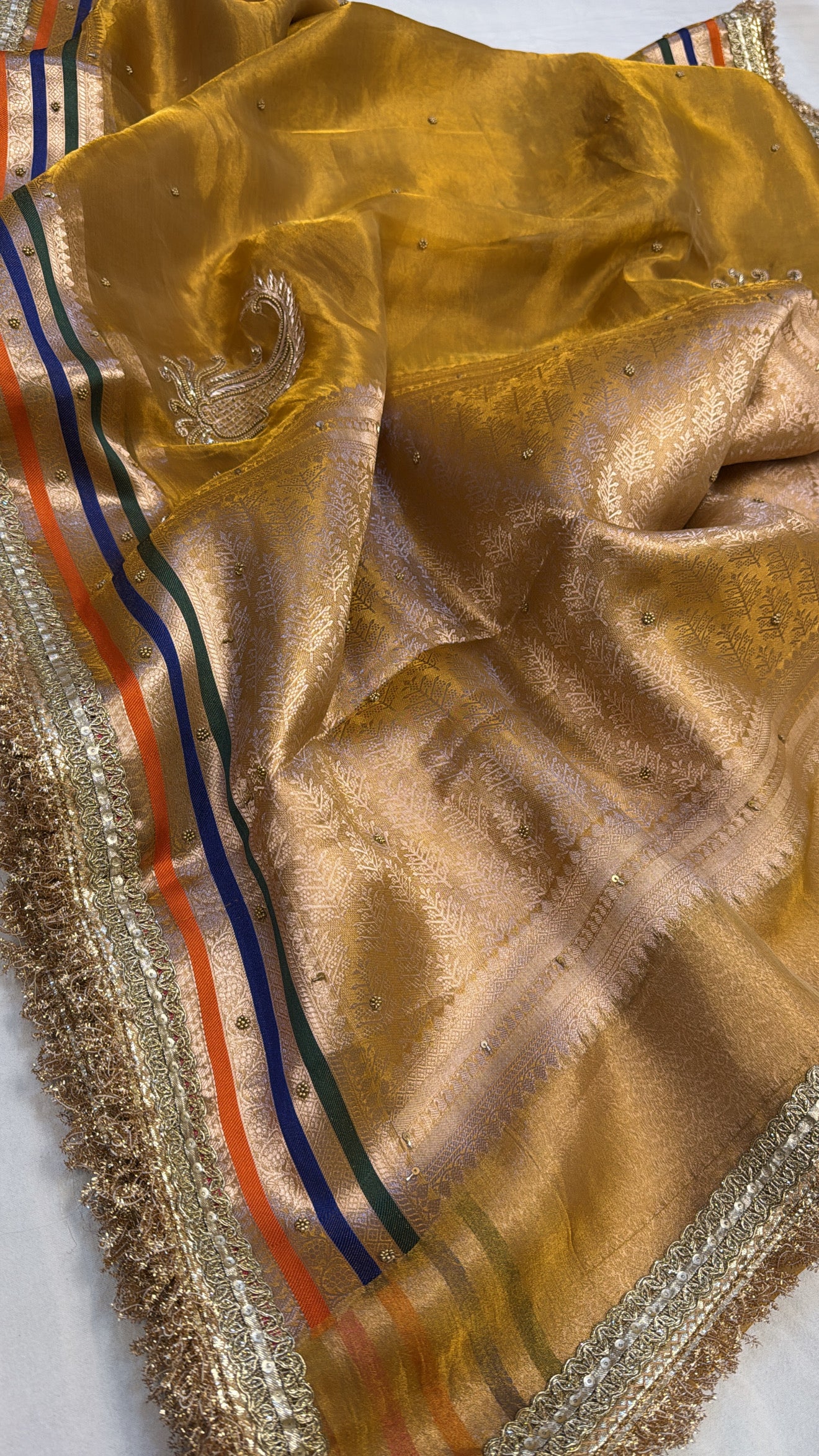 Haldi golden husn tissue silk heavy hand embroidered saree