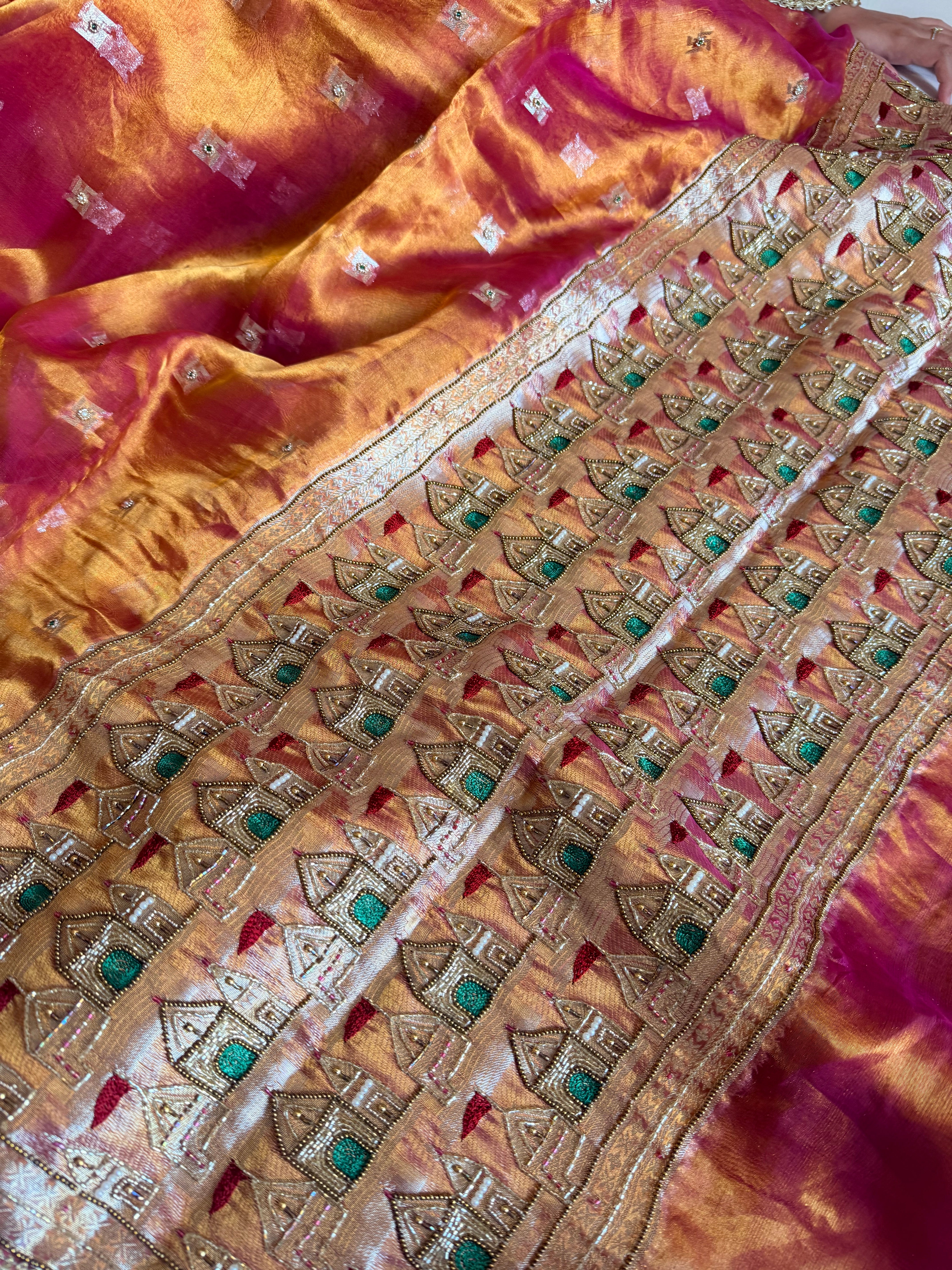 Ganga-darshan edit - Tissue silk kanjivaram pink hand embroidered kadhwa saree