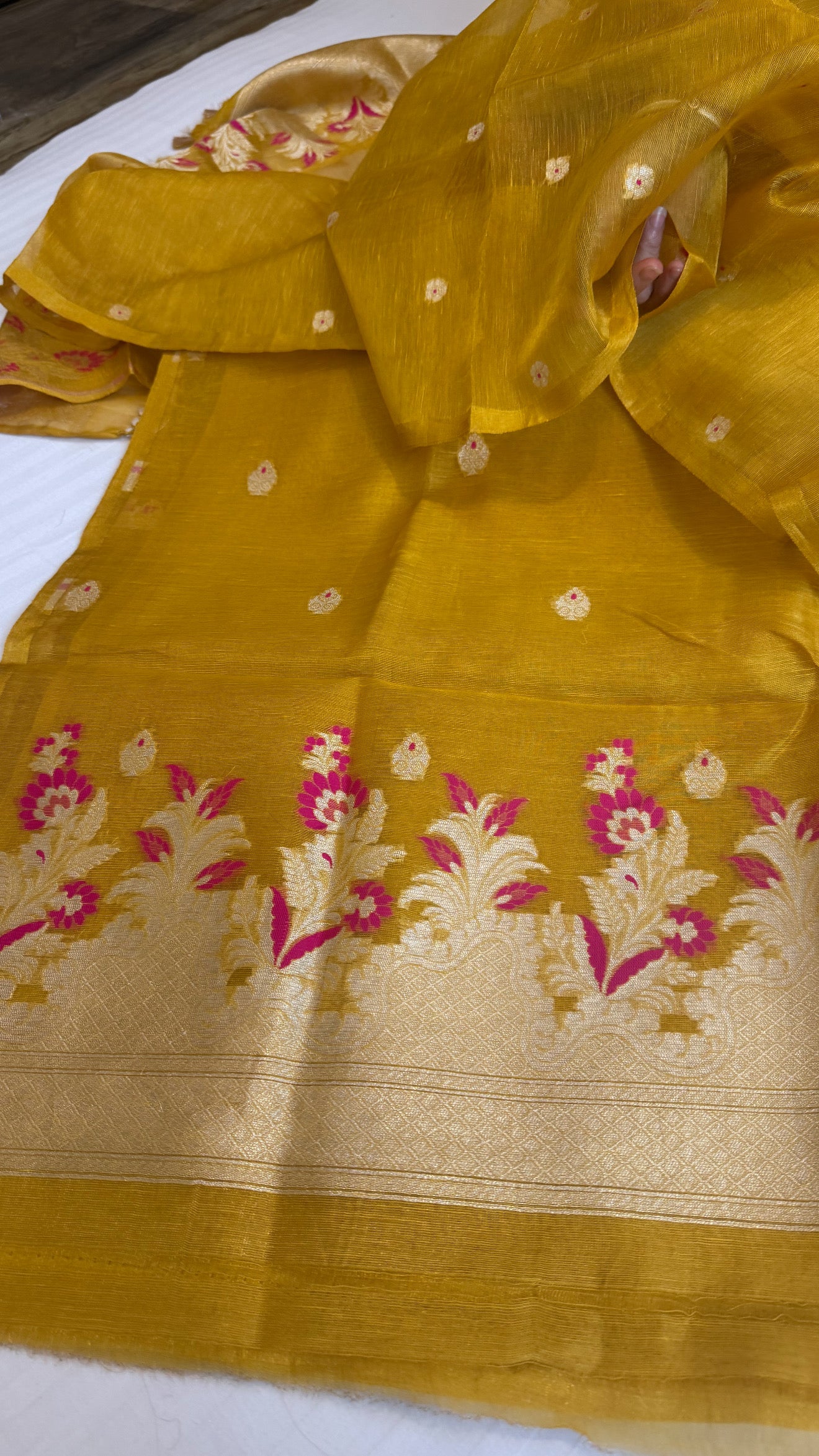 Linen tissue haldi gold meenakari kadhwa buti suit sets