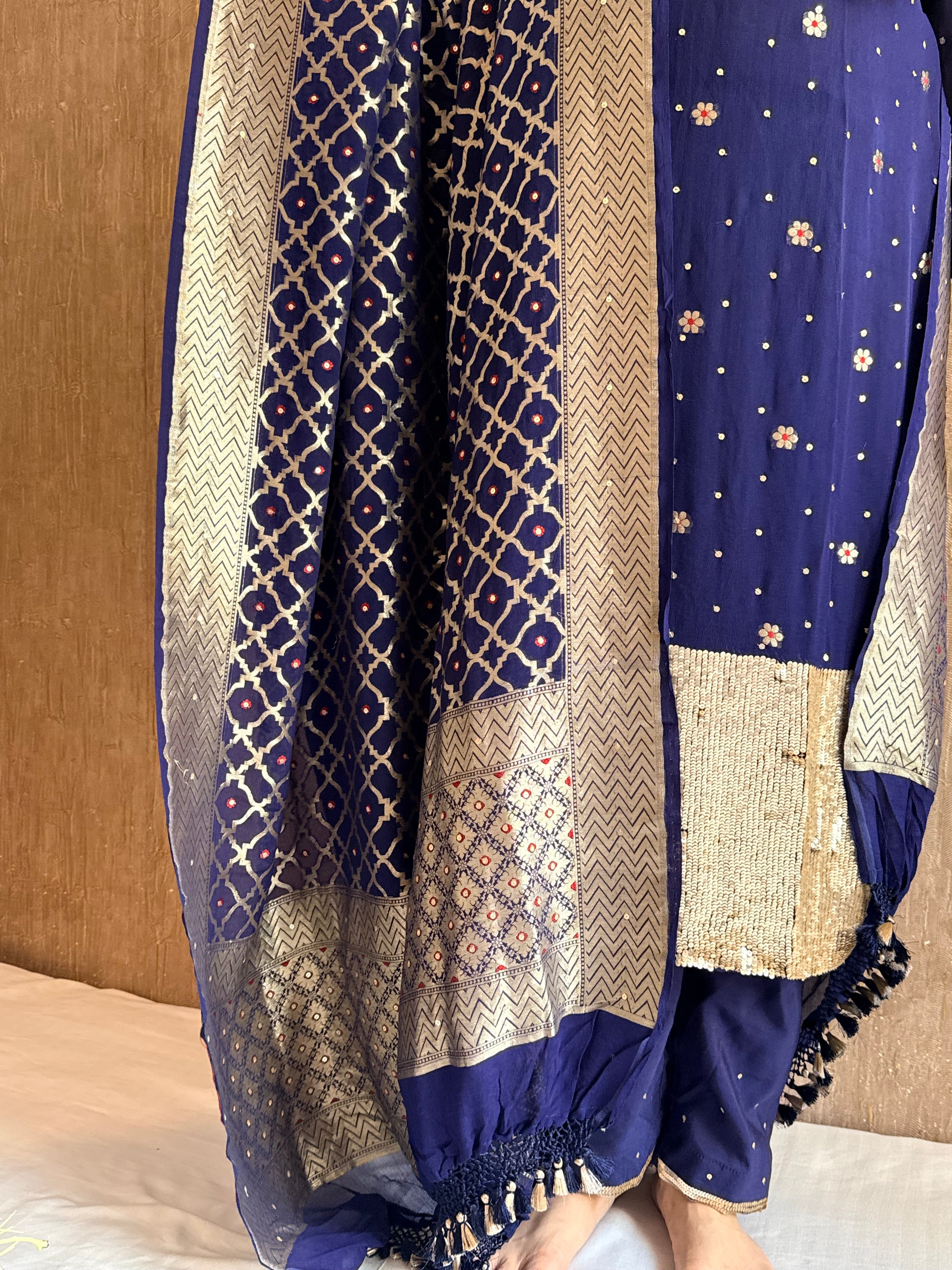 Navy blue salma sitara chiffon gorgette hand embroidered suit set ( STITCHED SIZE - M to L)