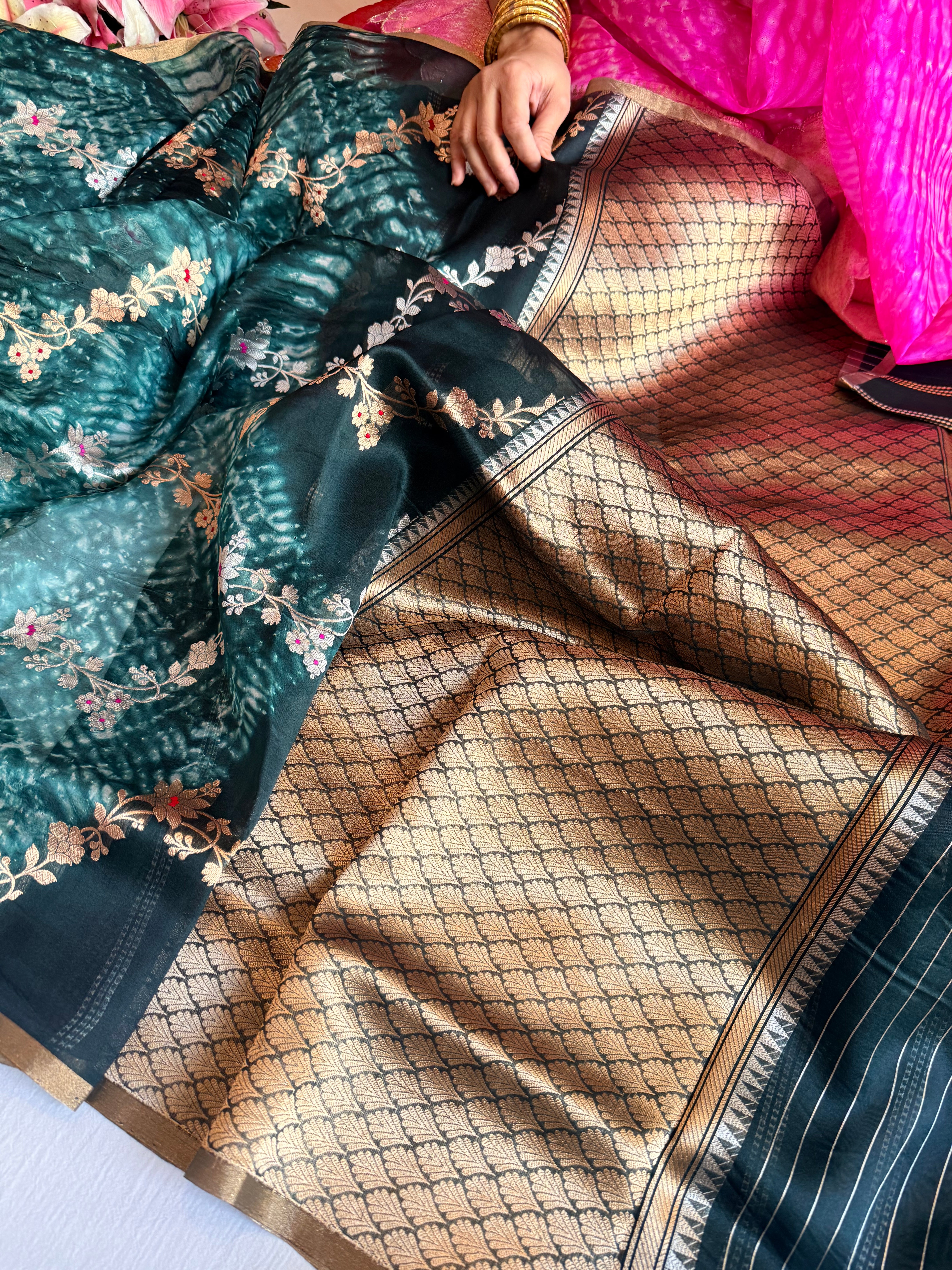 Shibori edit - Banarasi kora silk kadhwa buti shibori hand dyed saree