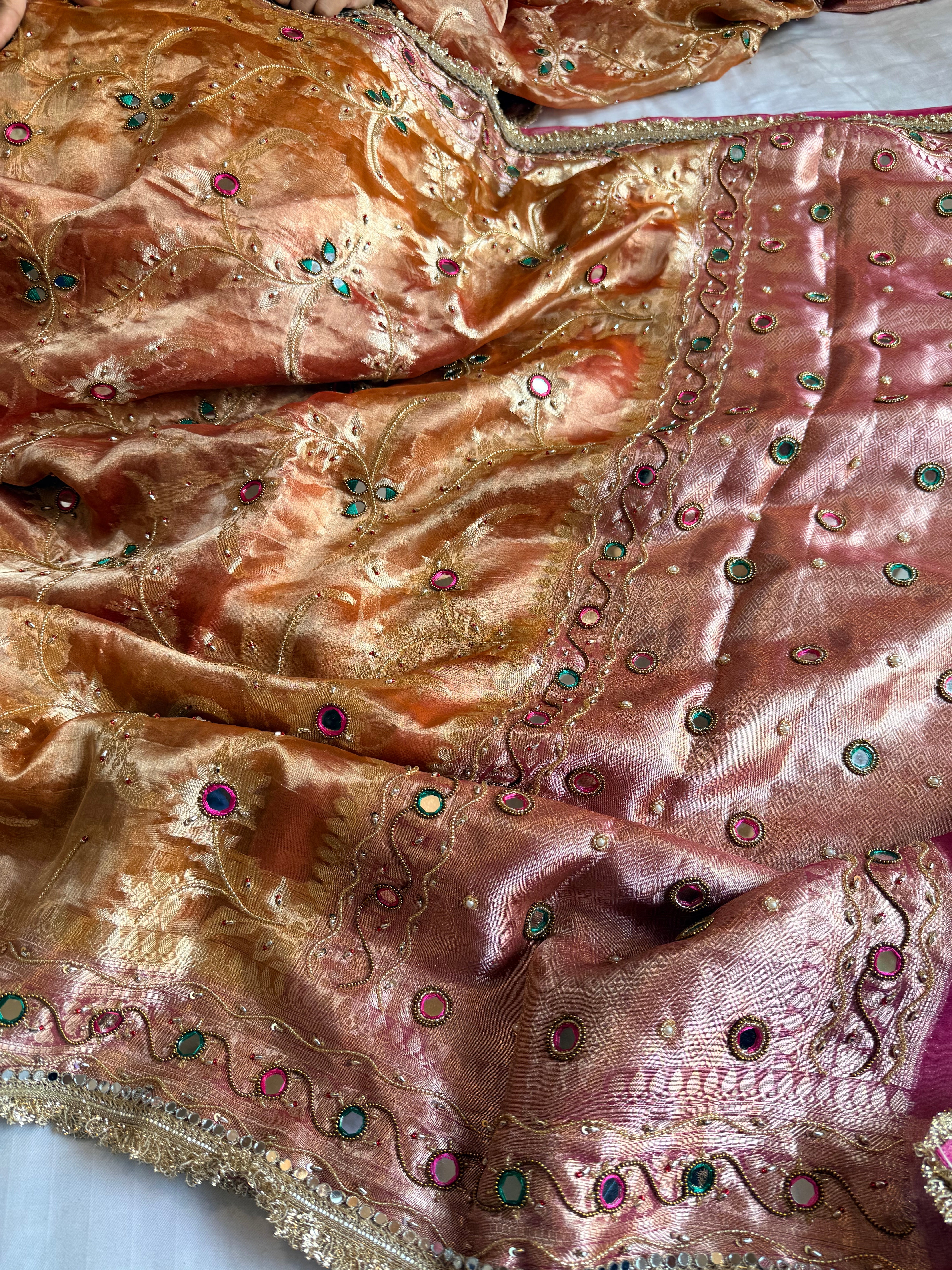 Kumkum edit tissue silk jaalwork hand embroidered saree