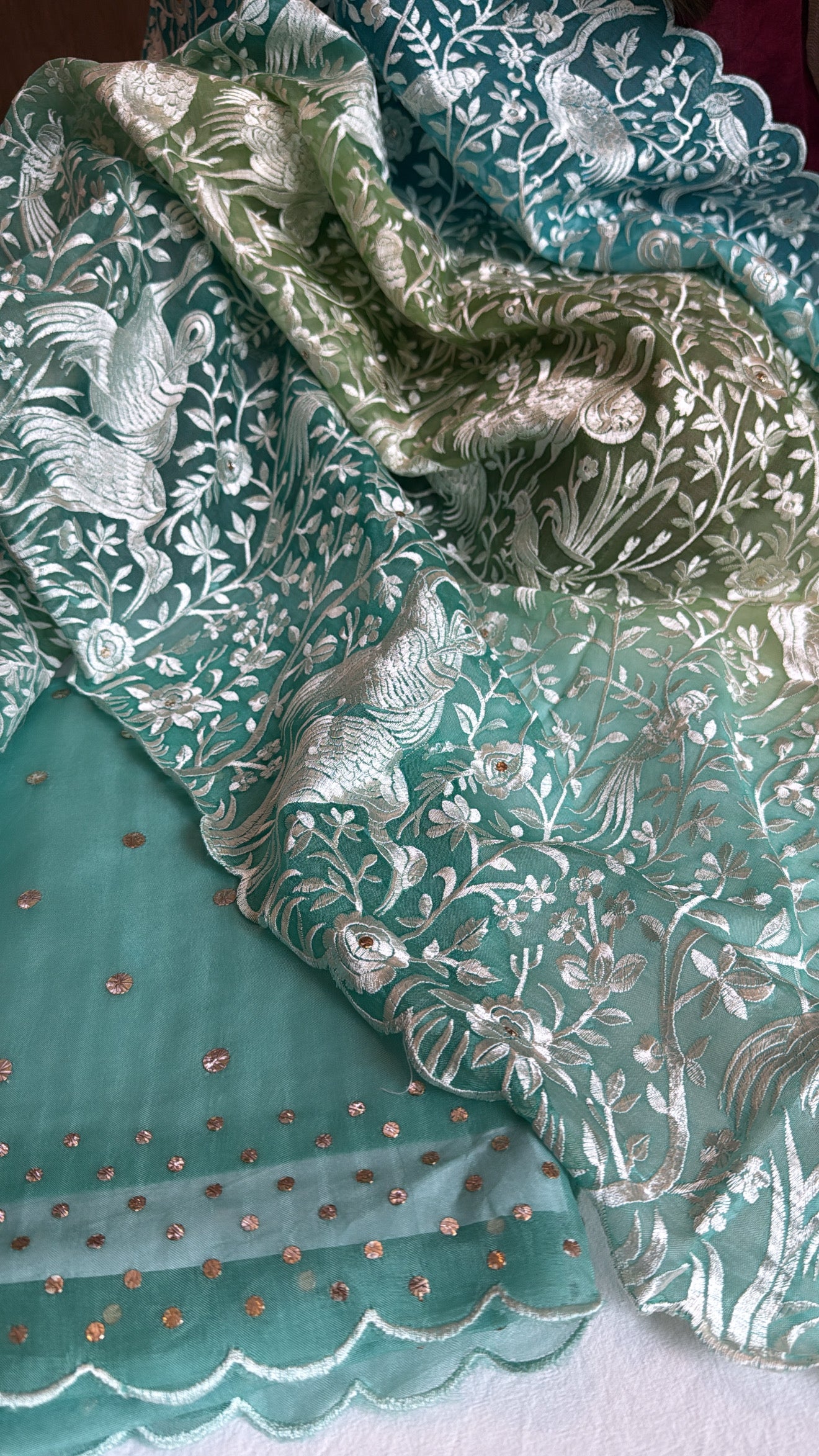 Shades of blue green - Parsi gara kora silk resham and mukaish work hand embroidered suits