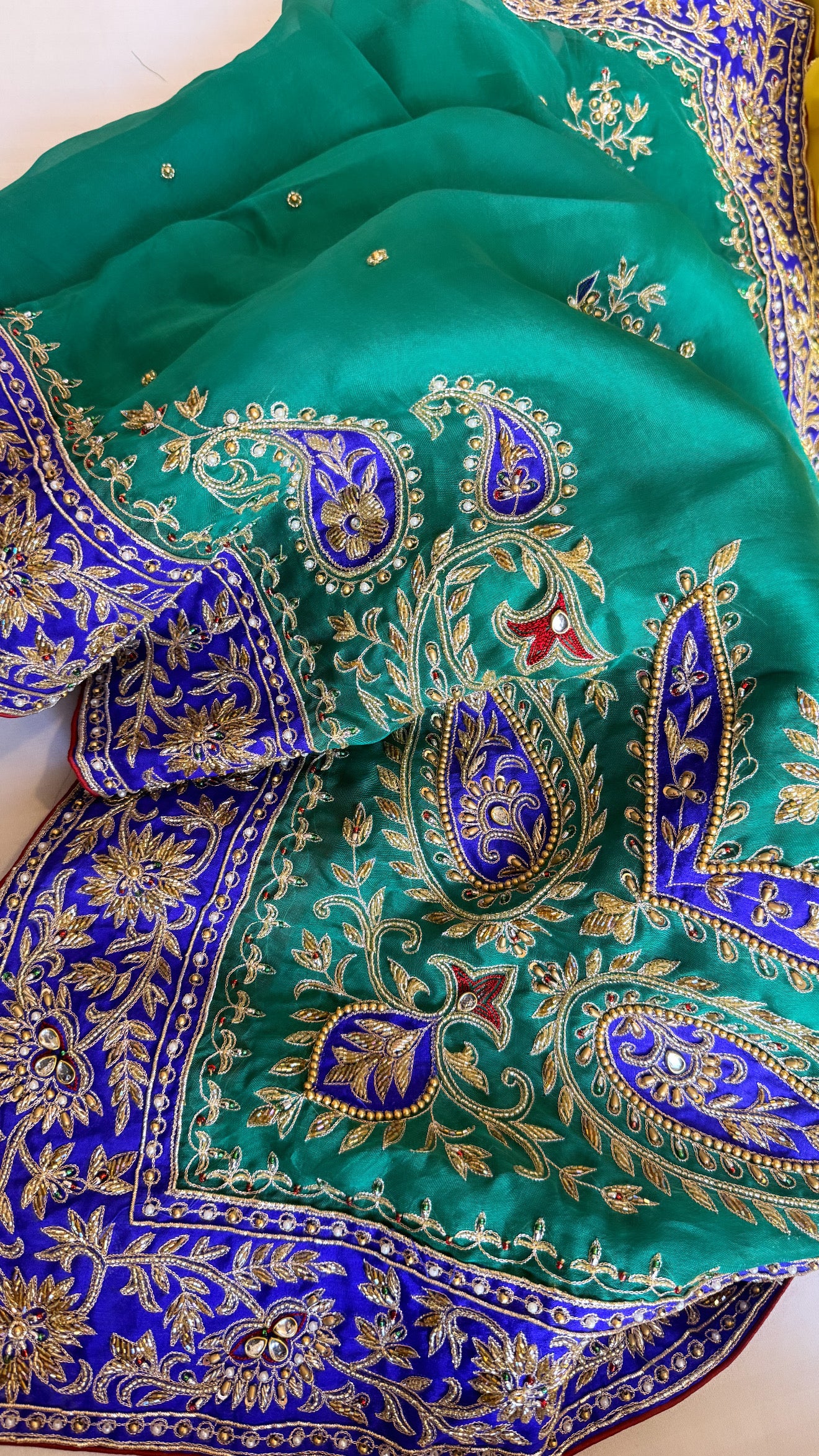 Mummy ki purani wali saree edit - Blue-green-purple kora silk kadhwa hand embroidered saree