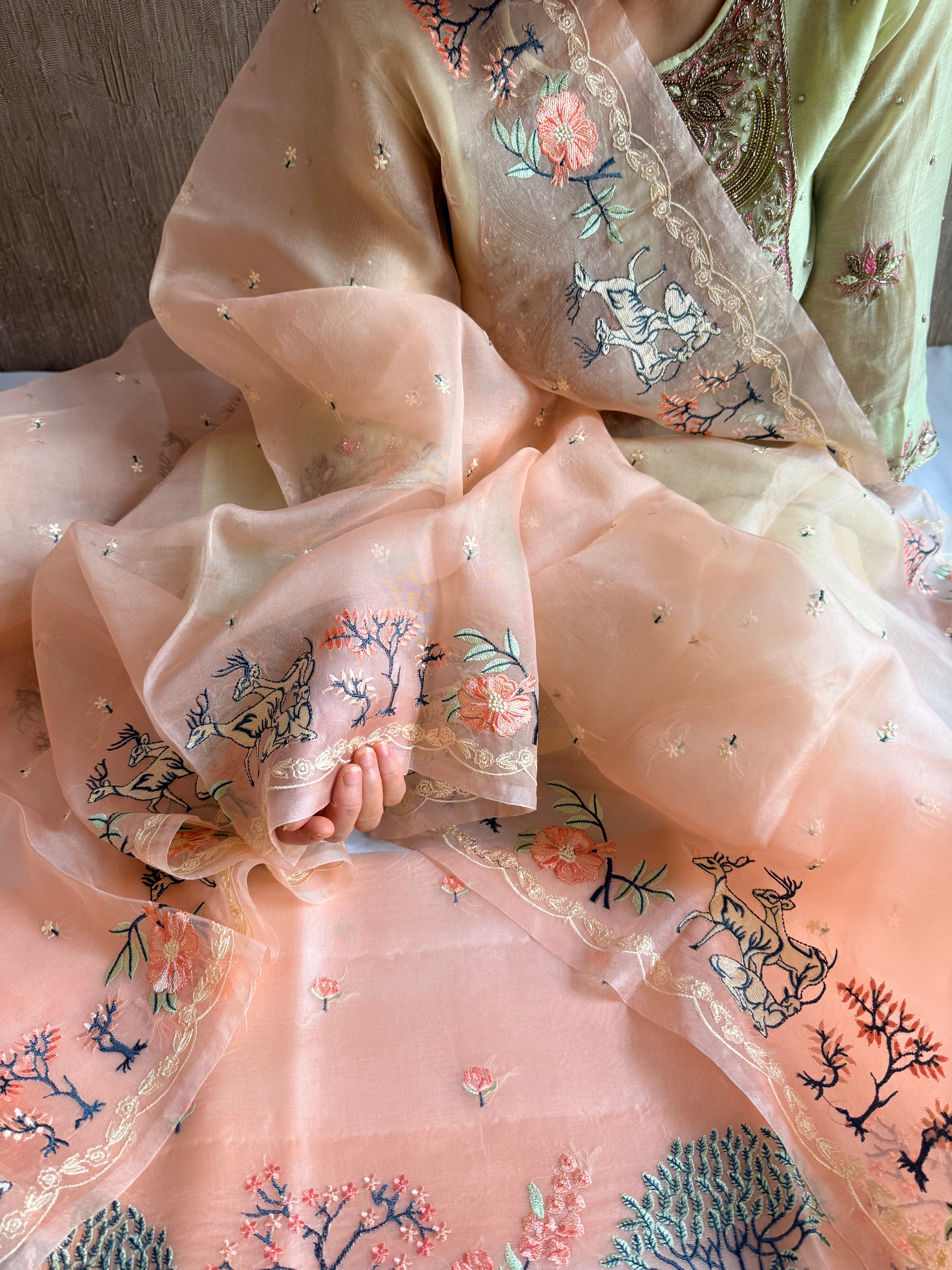 Parsigara kora silk bagh motif hand embroidered suit sets