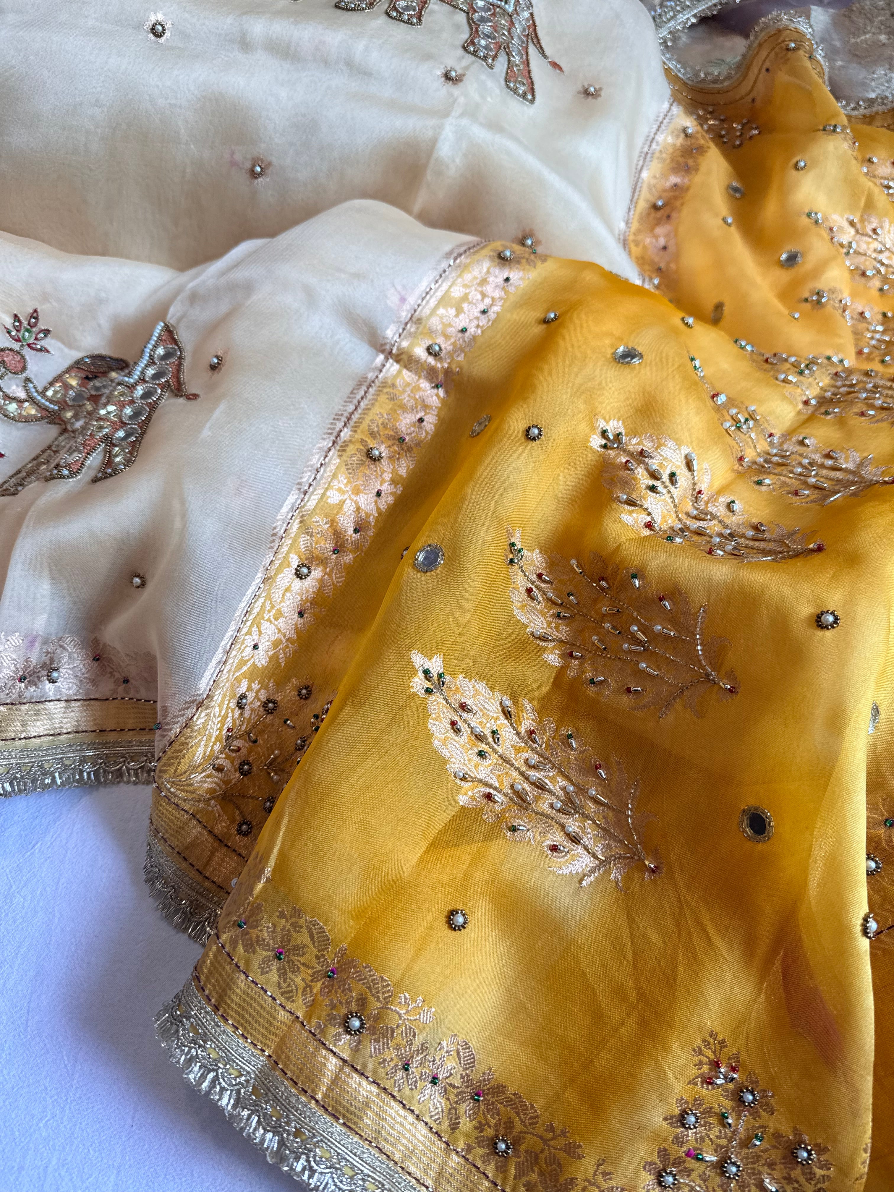 Tyohaar edit - Chap dye kora silk elephant motif hand embroidered saree