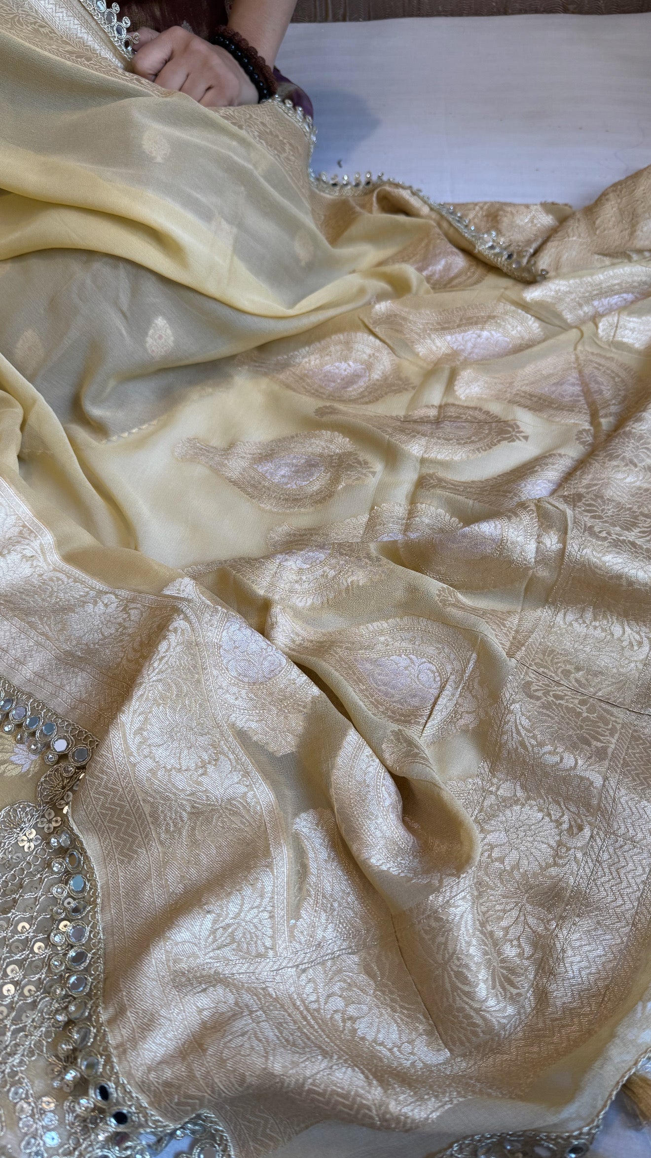 Banarasi dusty gold gorgette mirror work gotapatti suit set
