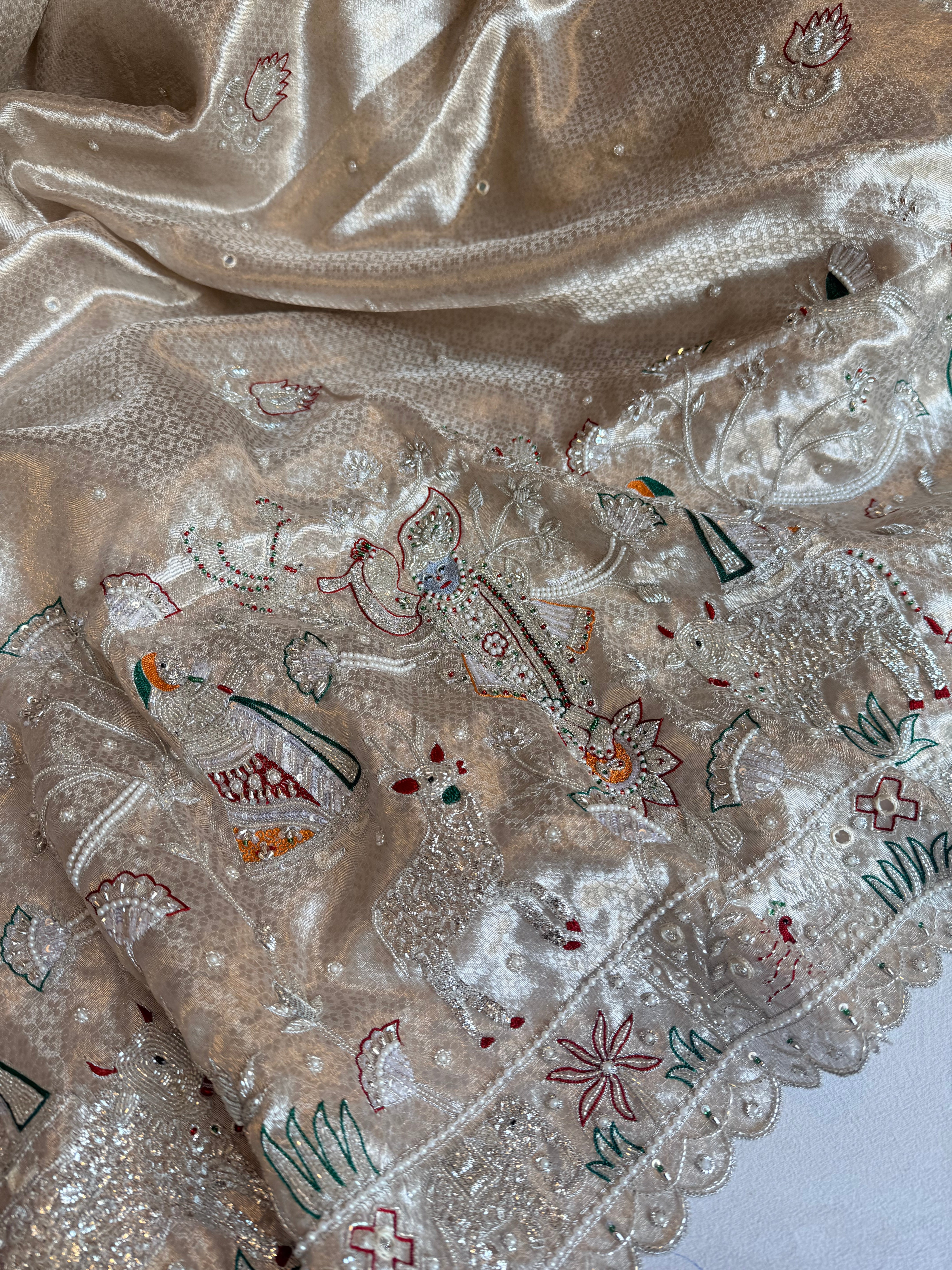 Chandi silver tissue brocade shrinathji motif inspired kadhwa hand embroidered saree
