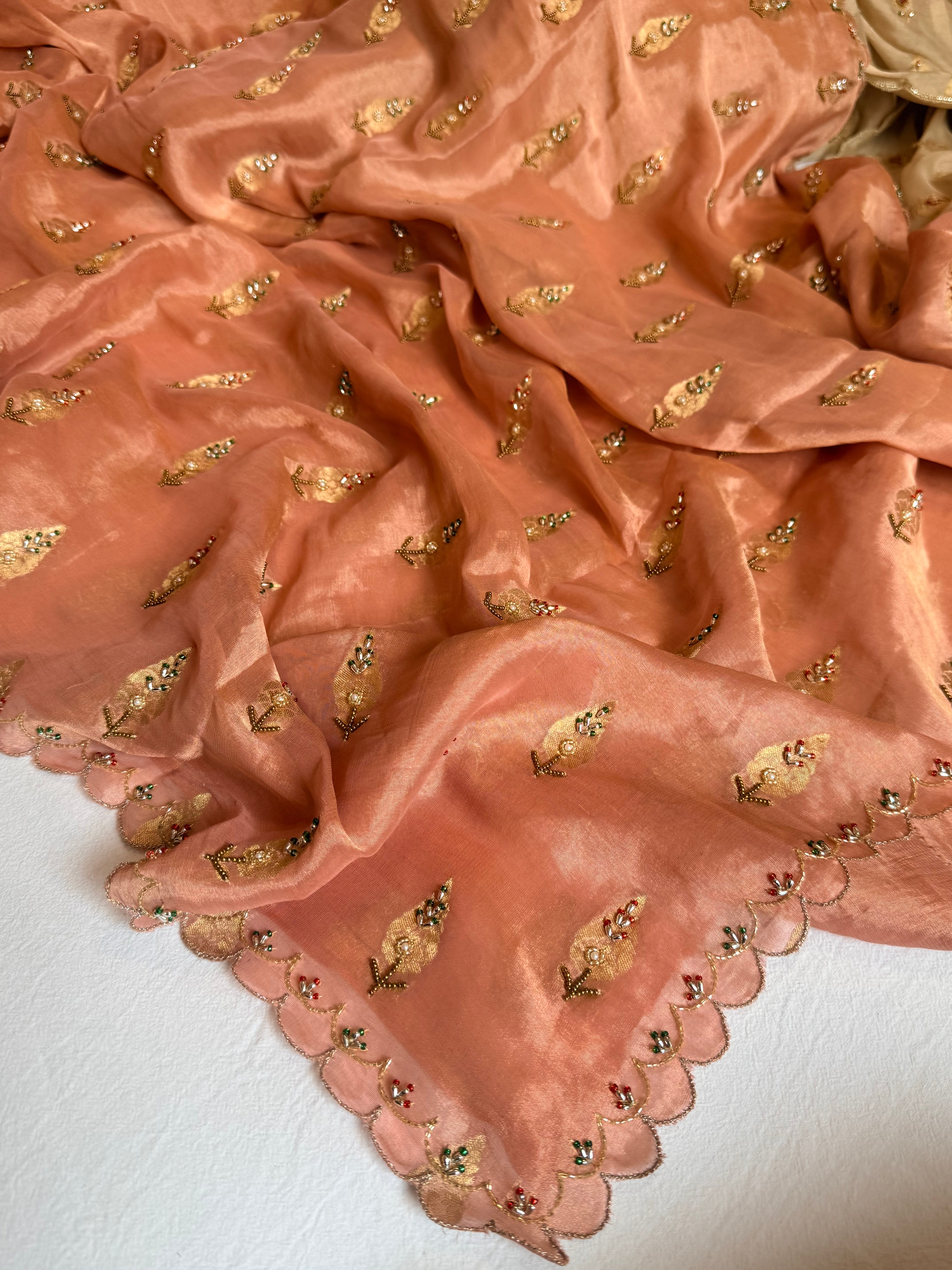 Chiffon tissue gorgette chunri buti hand embroidered kadhwa saree