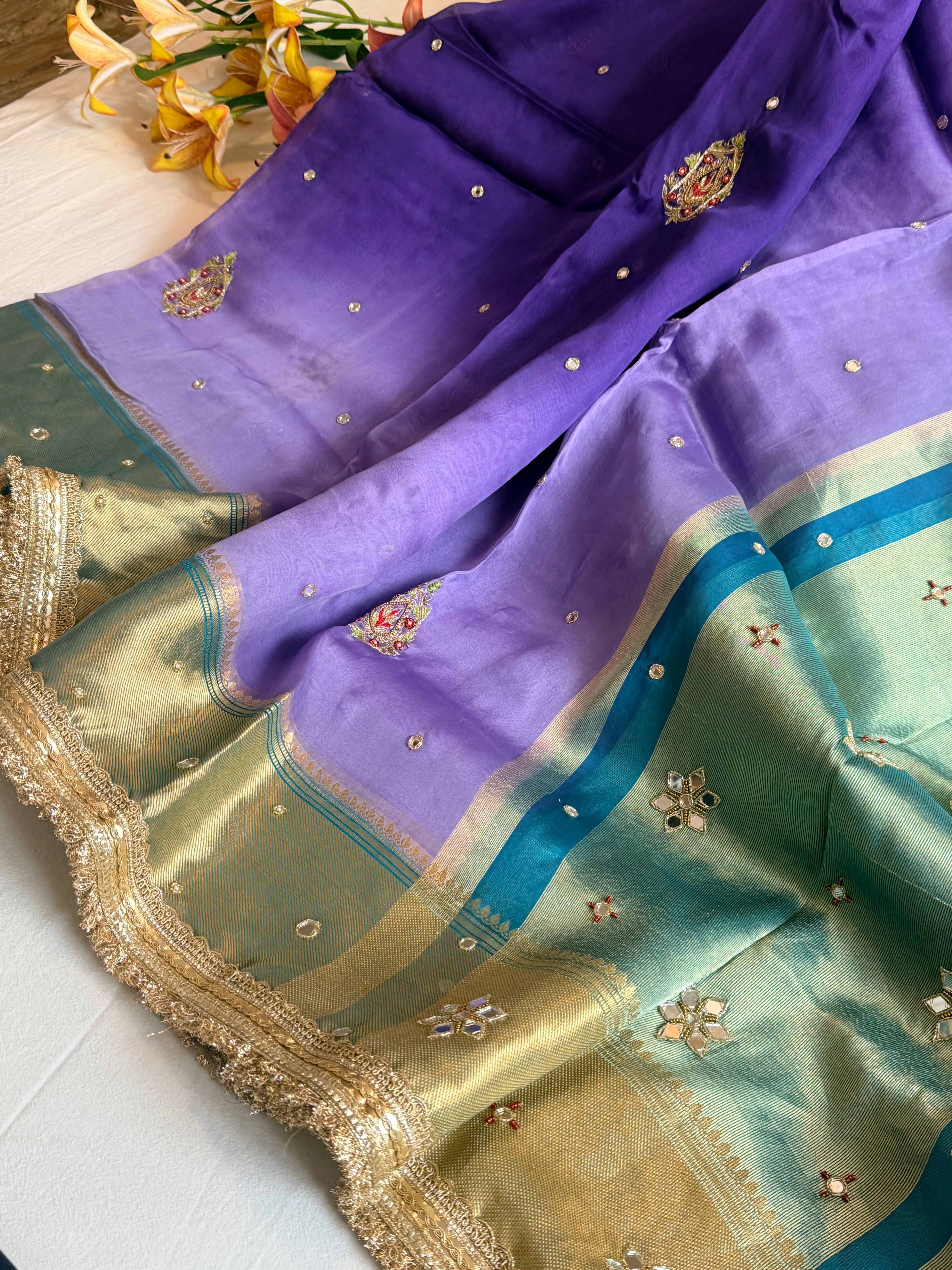 Husn ganga jamuna contrast border kora silk hand embroidered saree