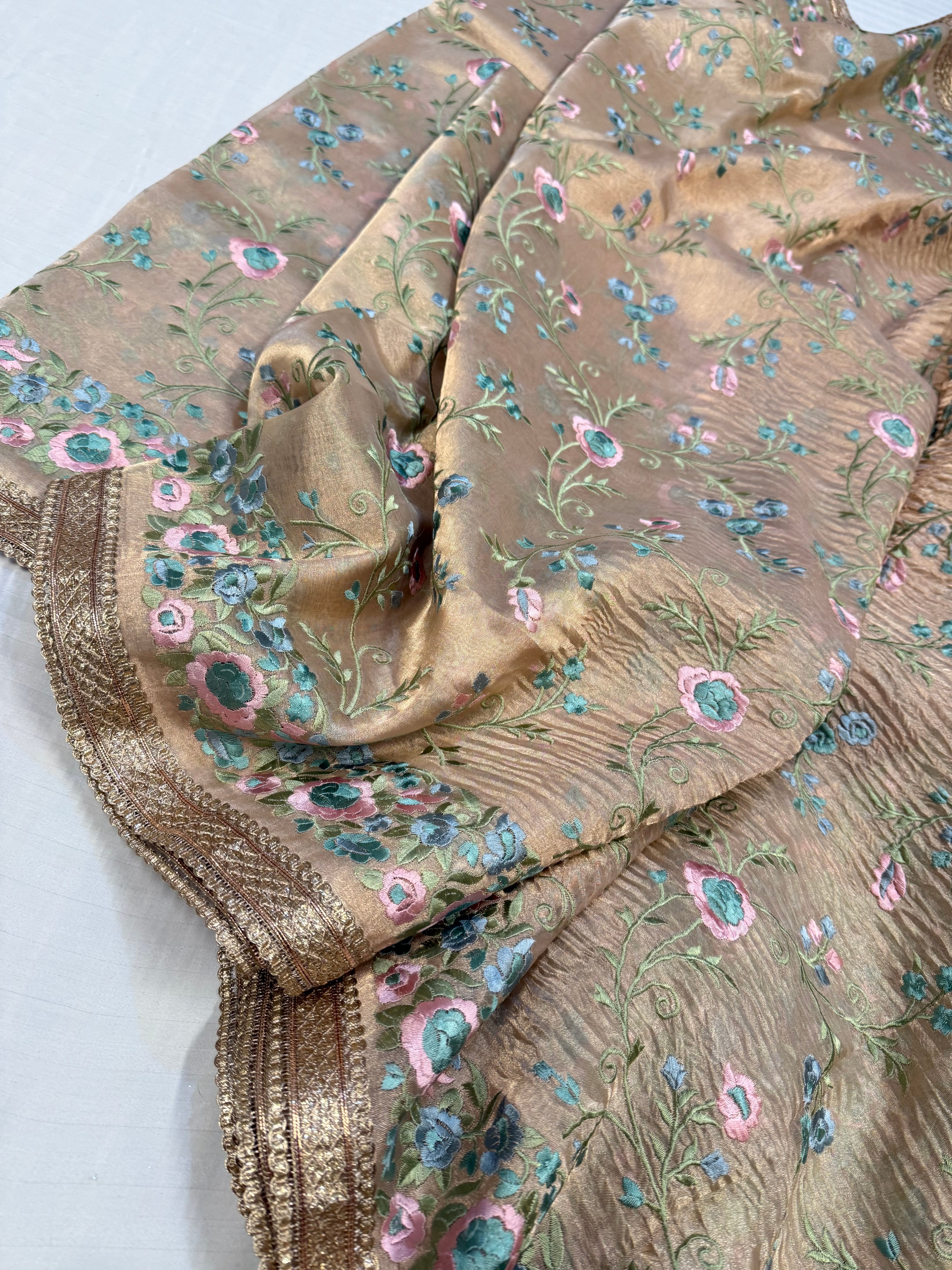 “Parsi gara” inspired tissue silk heavy resham work hand embroidered kadhwa saree