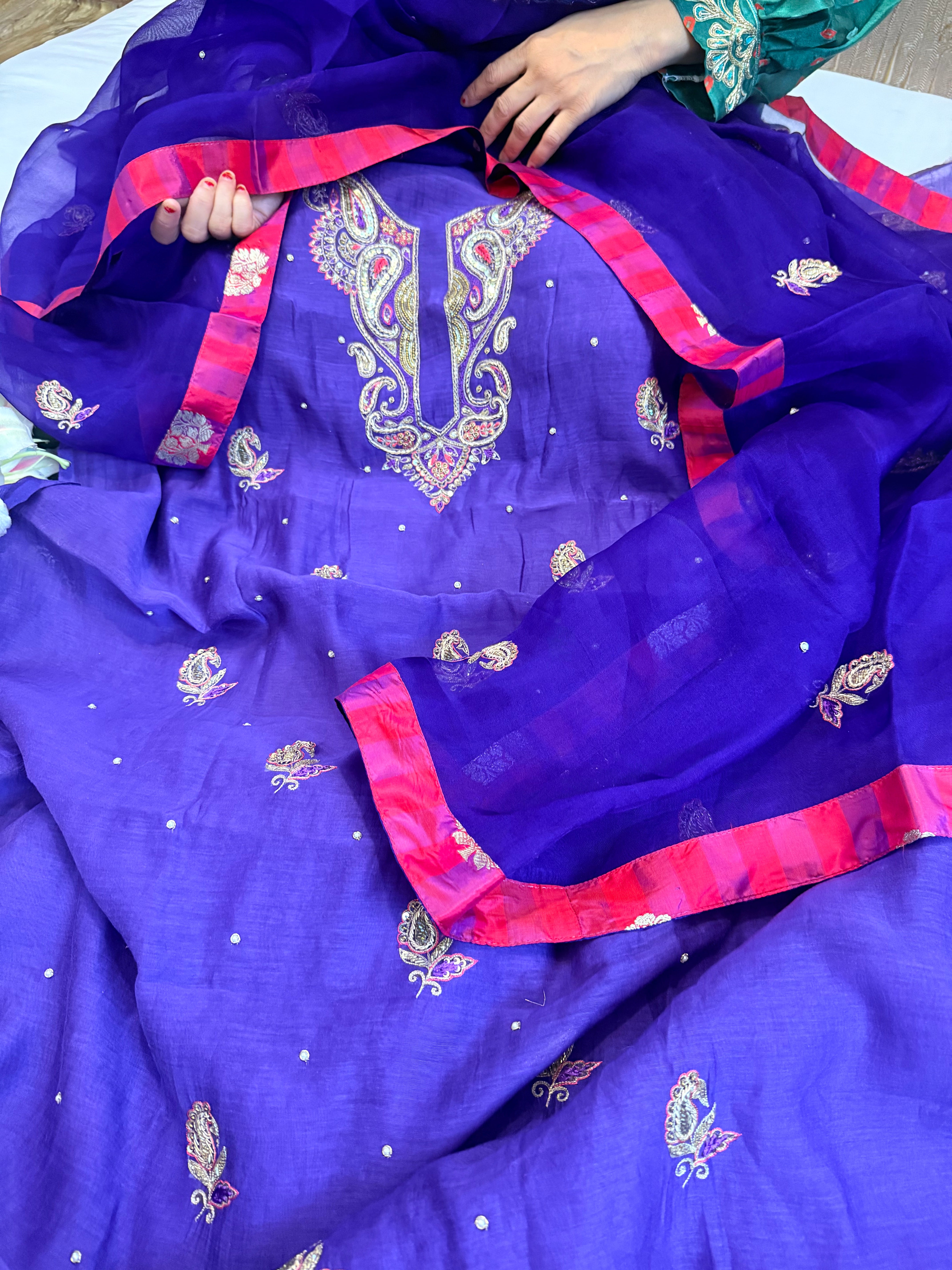 Electric blue kora silk gotapatti hand embroidered suit set