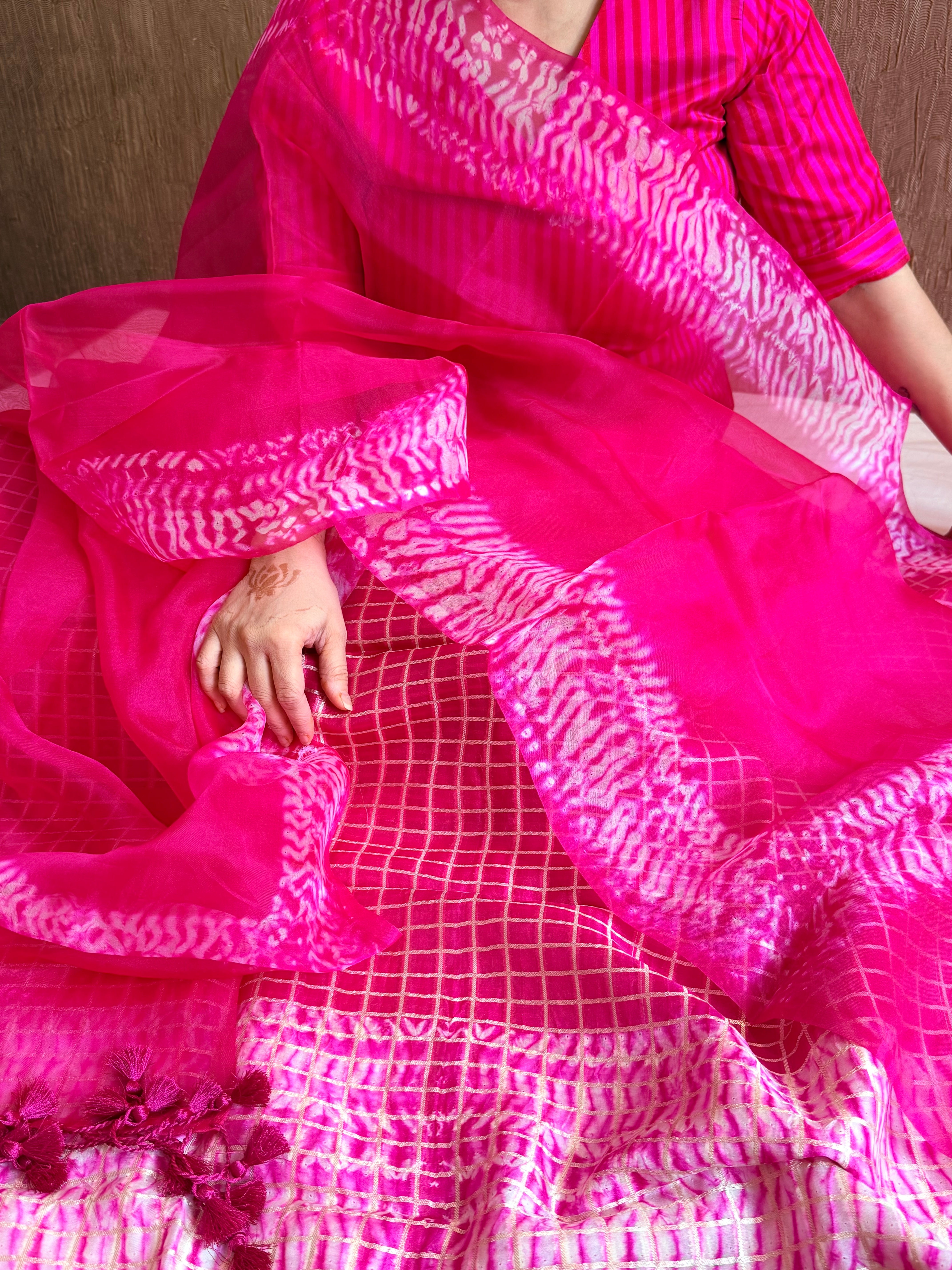 Hot pink banarasi blue kora silk shibori dye kadhwa suit set