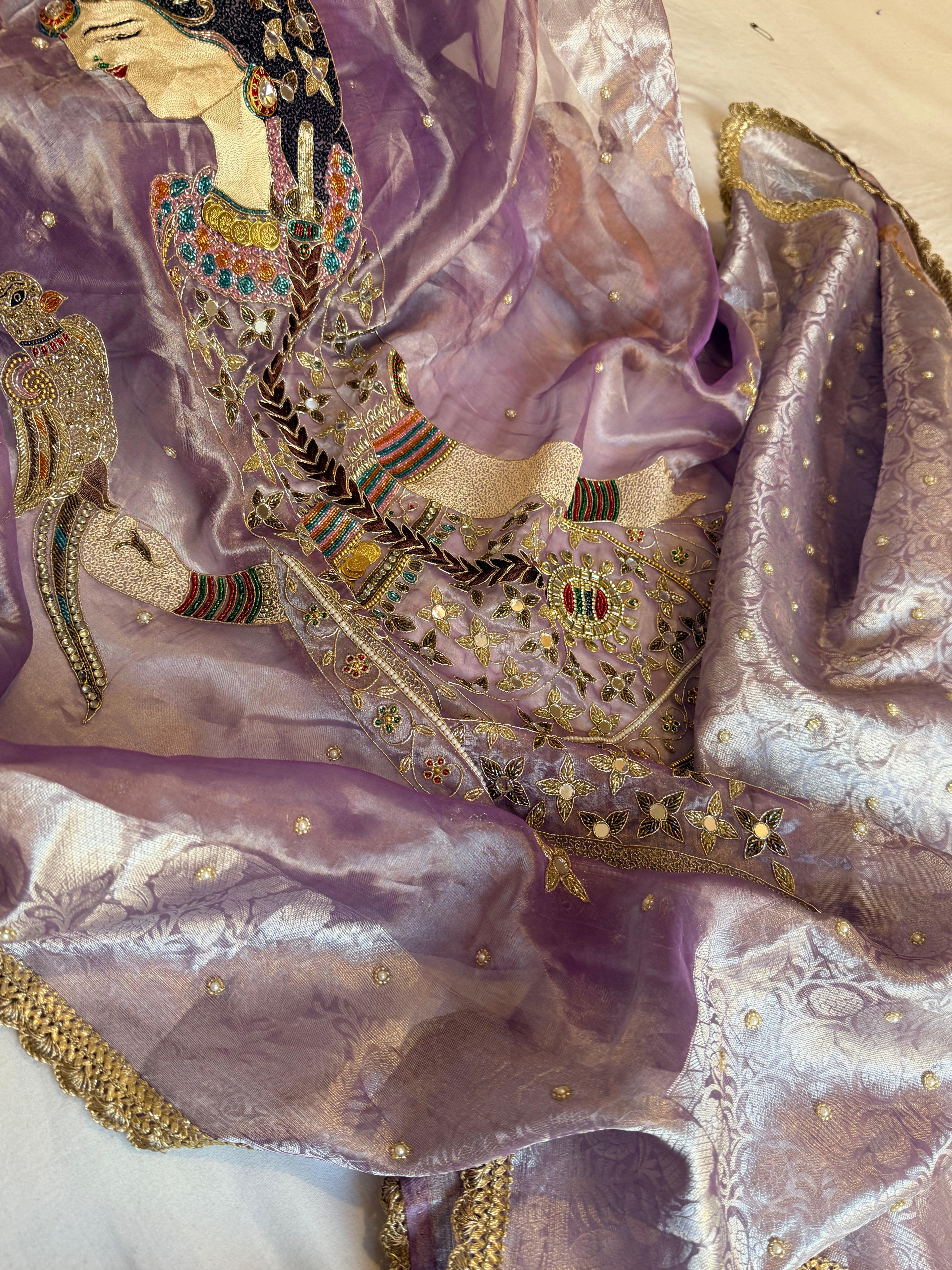 Heer saree with jadau necklace work hand embroidered tissue silk lilac saree