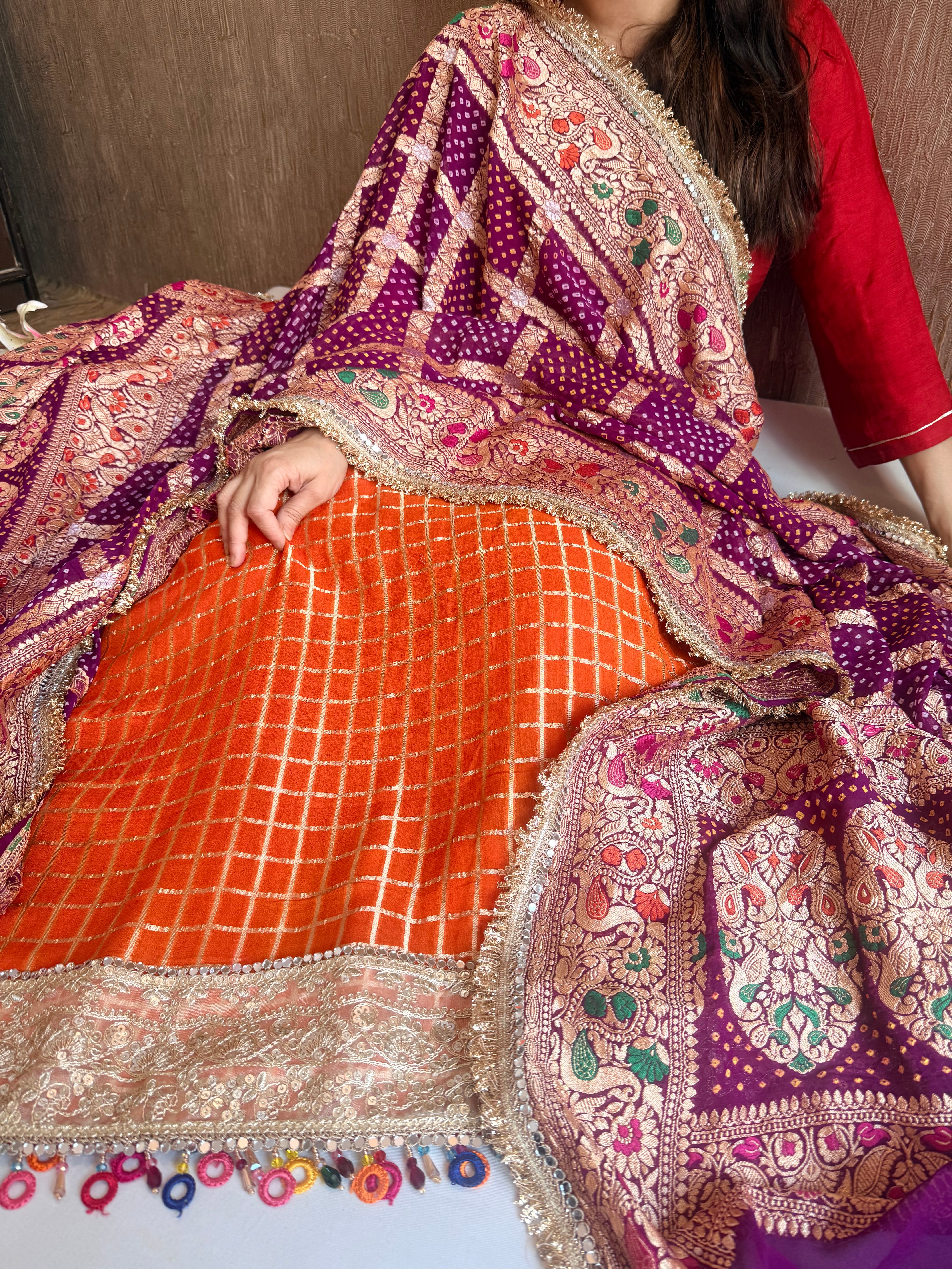 Banarasi chiffon gorgette bandhej gharchola weaving suit set