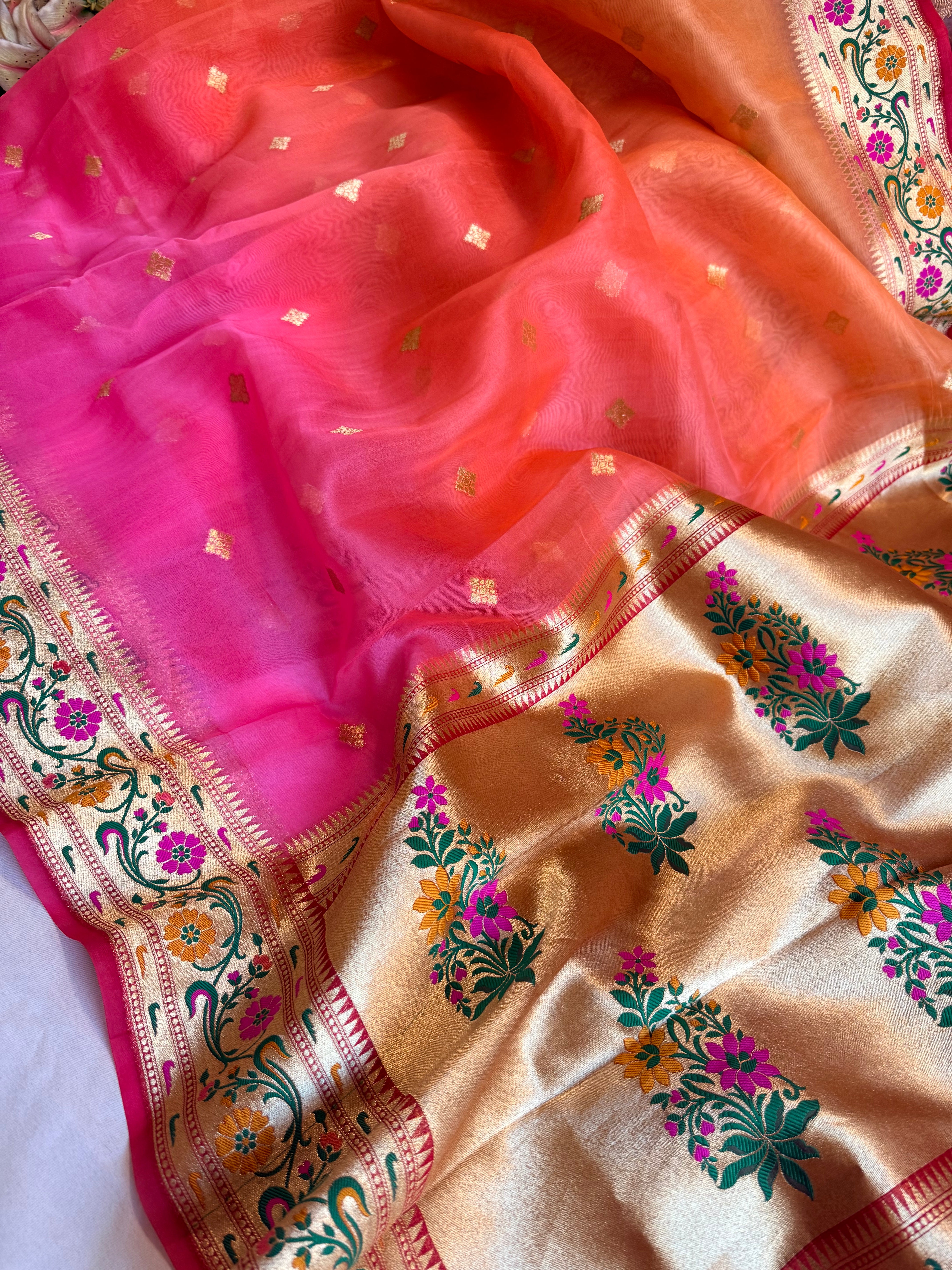 Rainbow dyed ombre shaded kora silk paithani border meenakari saree