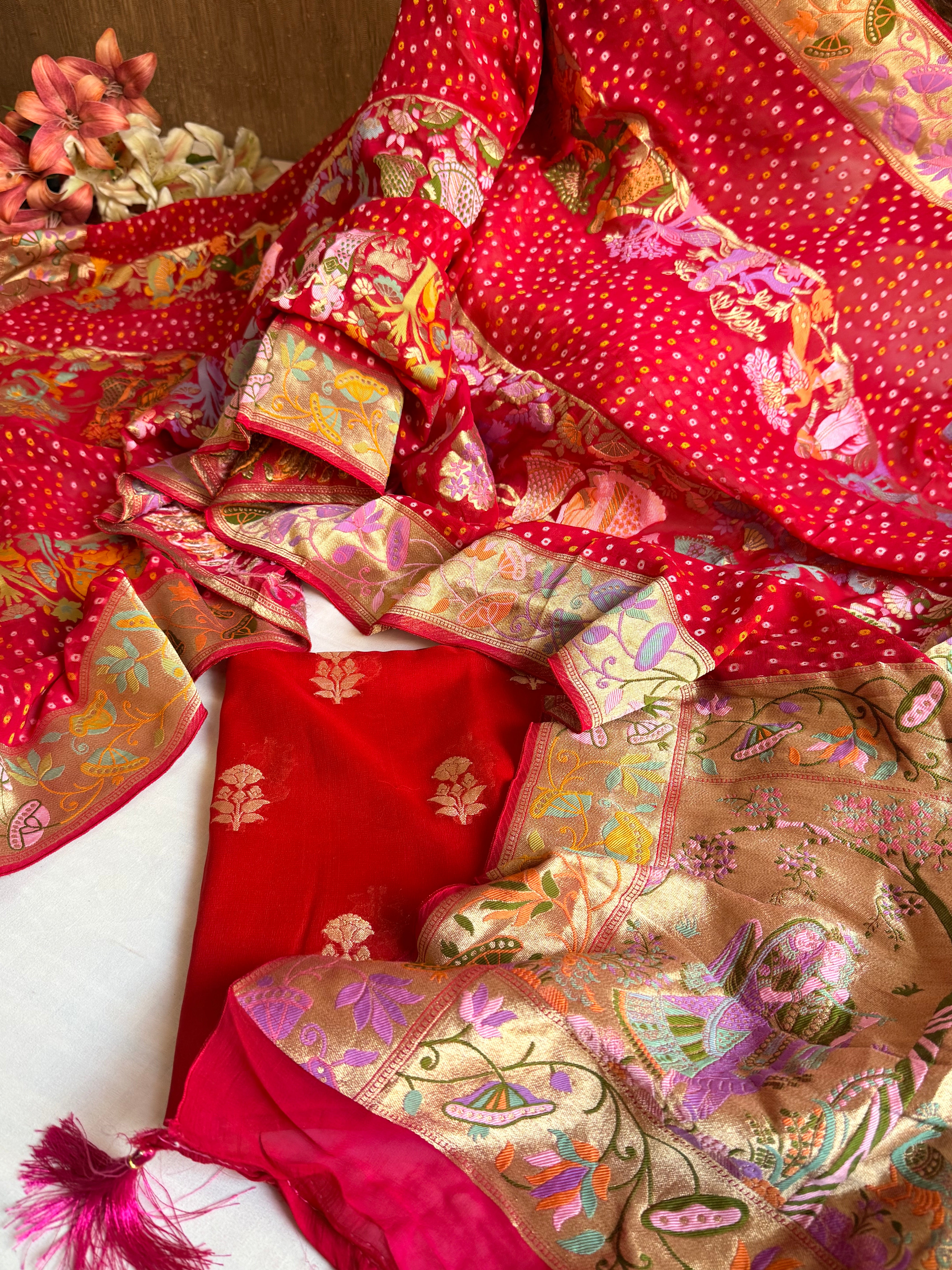 Banarasi rai bandhej radha krishna weaving gorgette kadhwa suit set