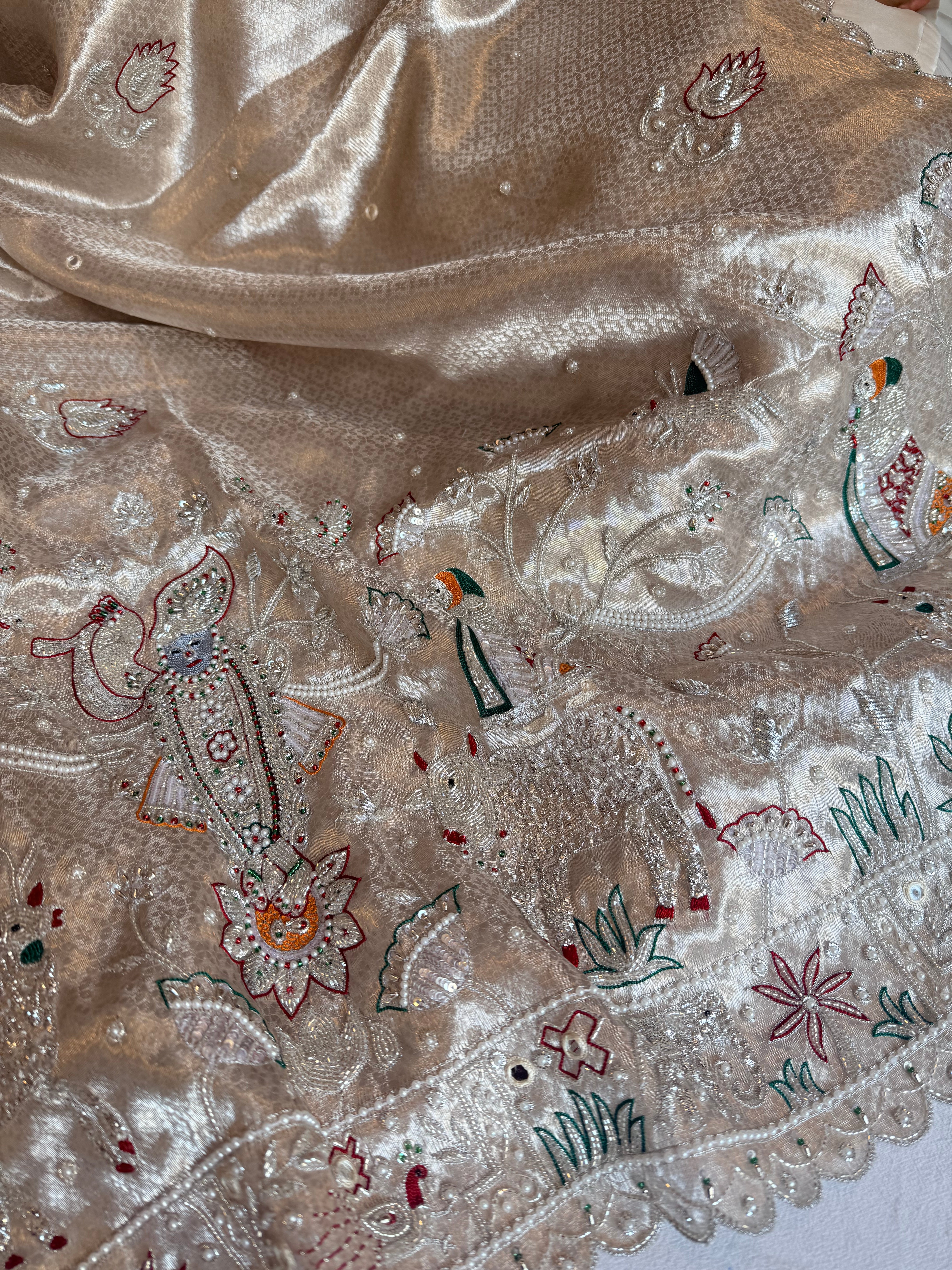 Chandi silver tissue brocade shrinathji motif inspired kadhwa hand embroidered saree