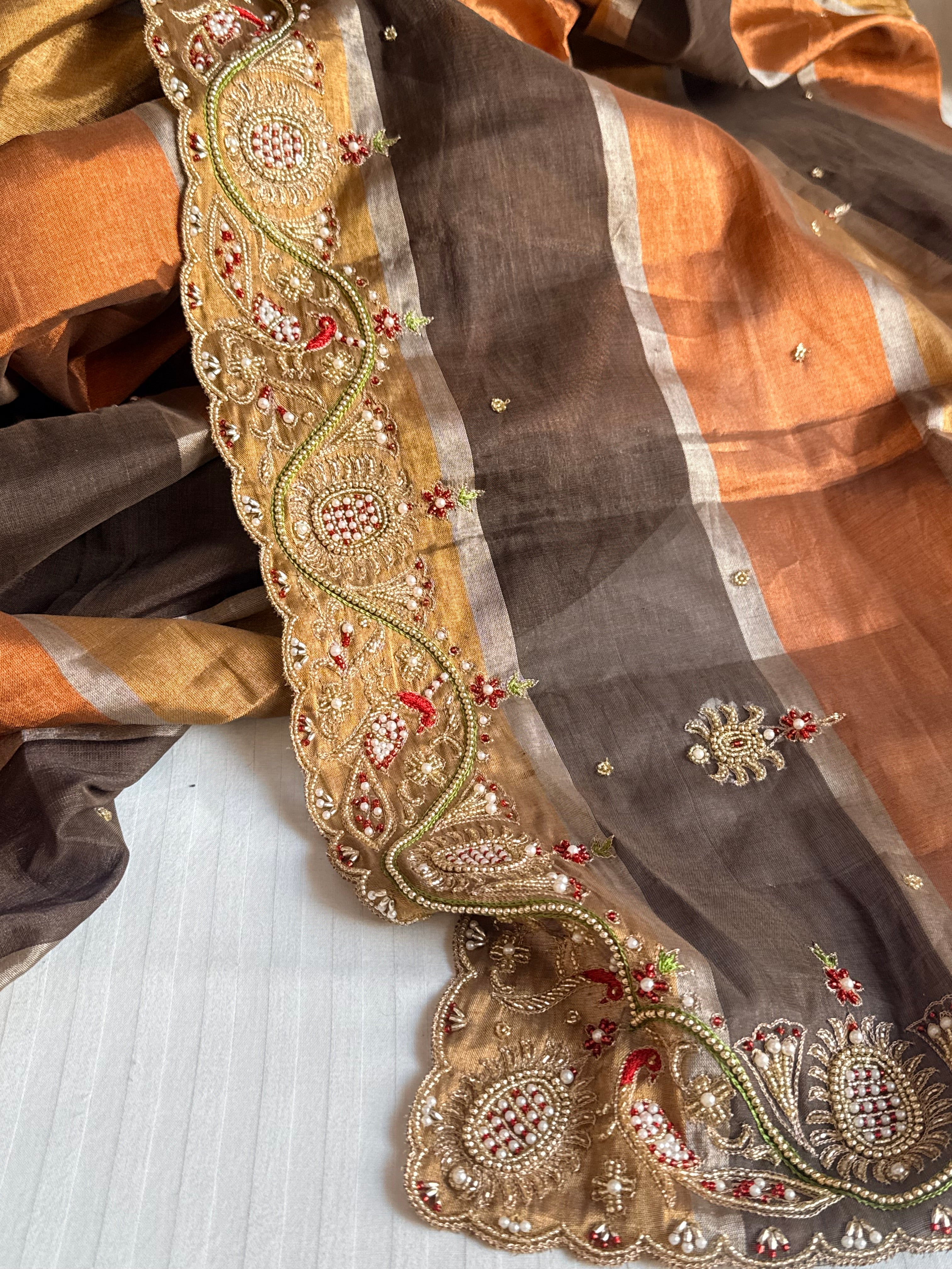 Kanjivaram banarasi tissue silk hand embroidered kadhwa saree with katan silk blouse