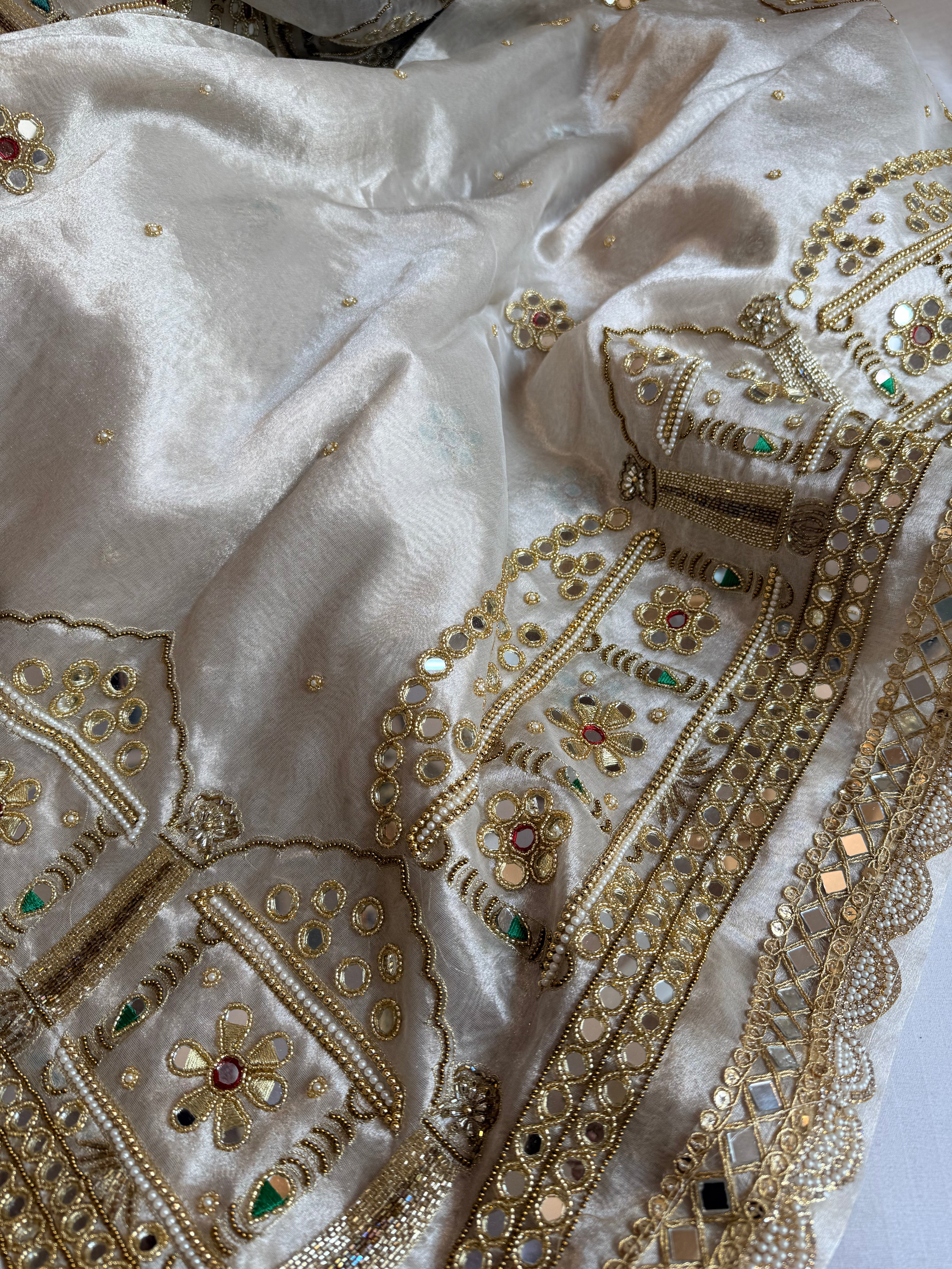 Hawamahal diamond tissue silk mirror work hand embroidered kadhwa saree