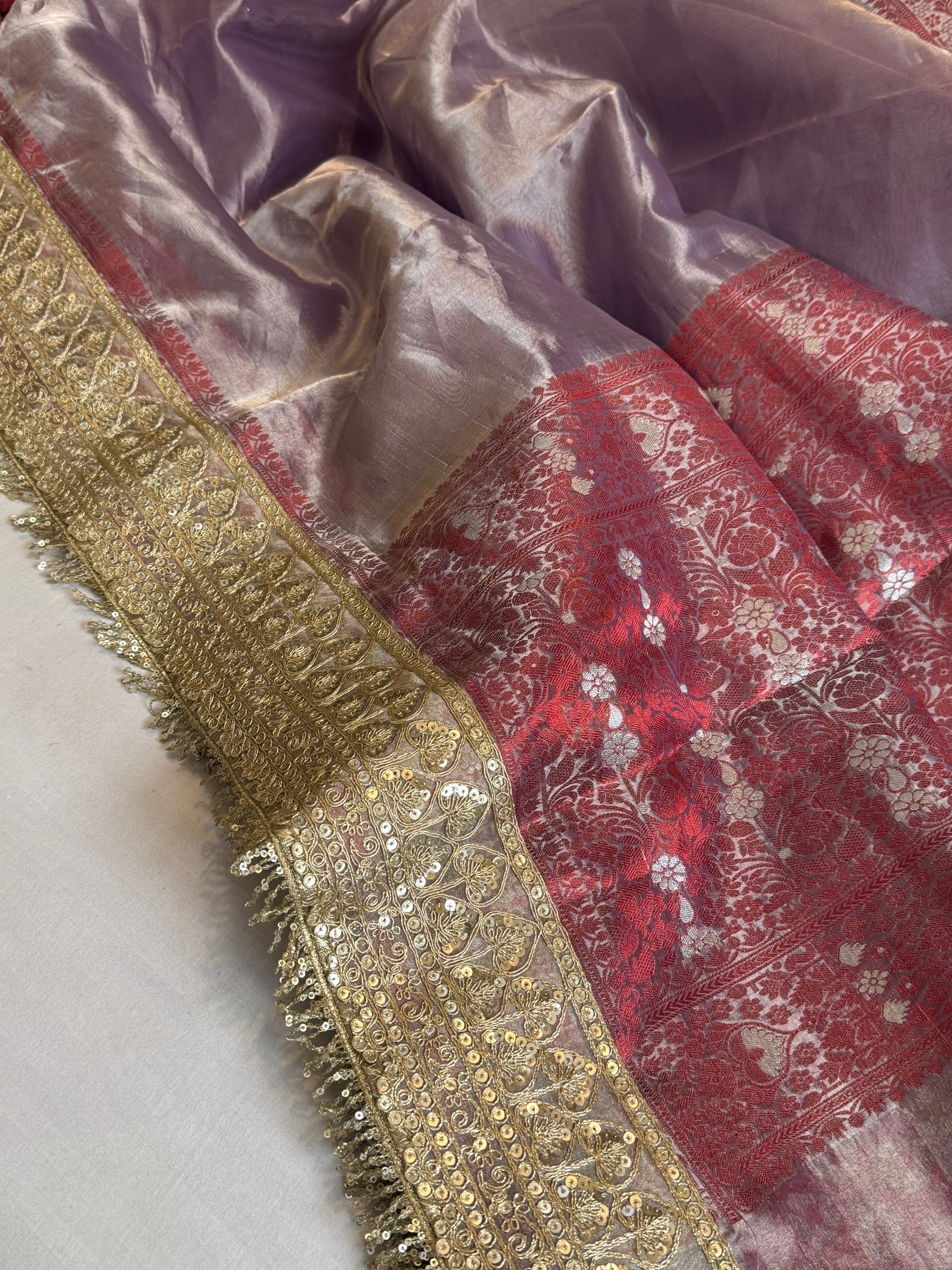 Maharani dreamy lavender tissue silk kadhwa meenakari saree