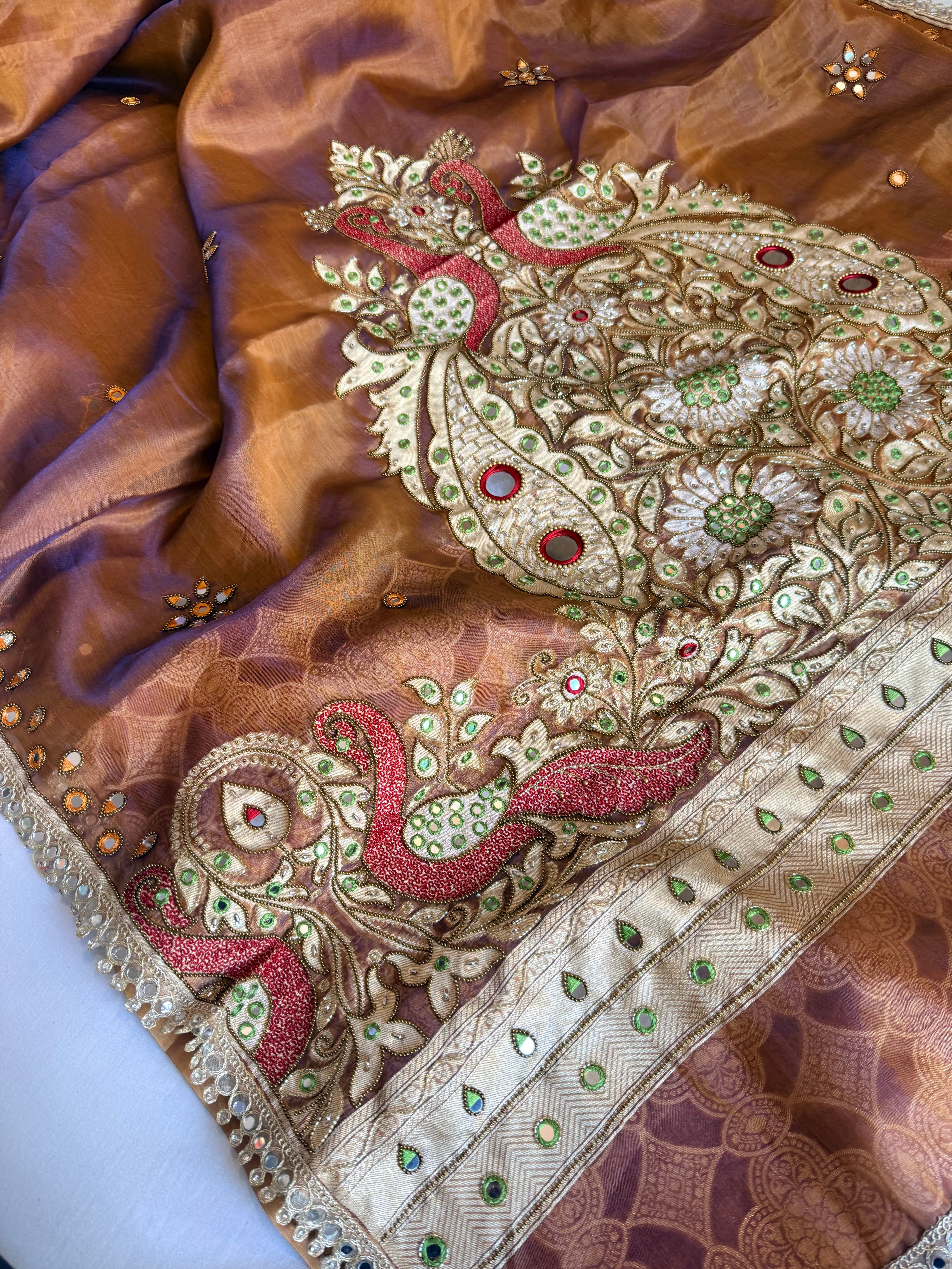 Dhup chao effect tissue silk mirrorwork hand embroidered Paithani pallu kadhwa saree