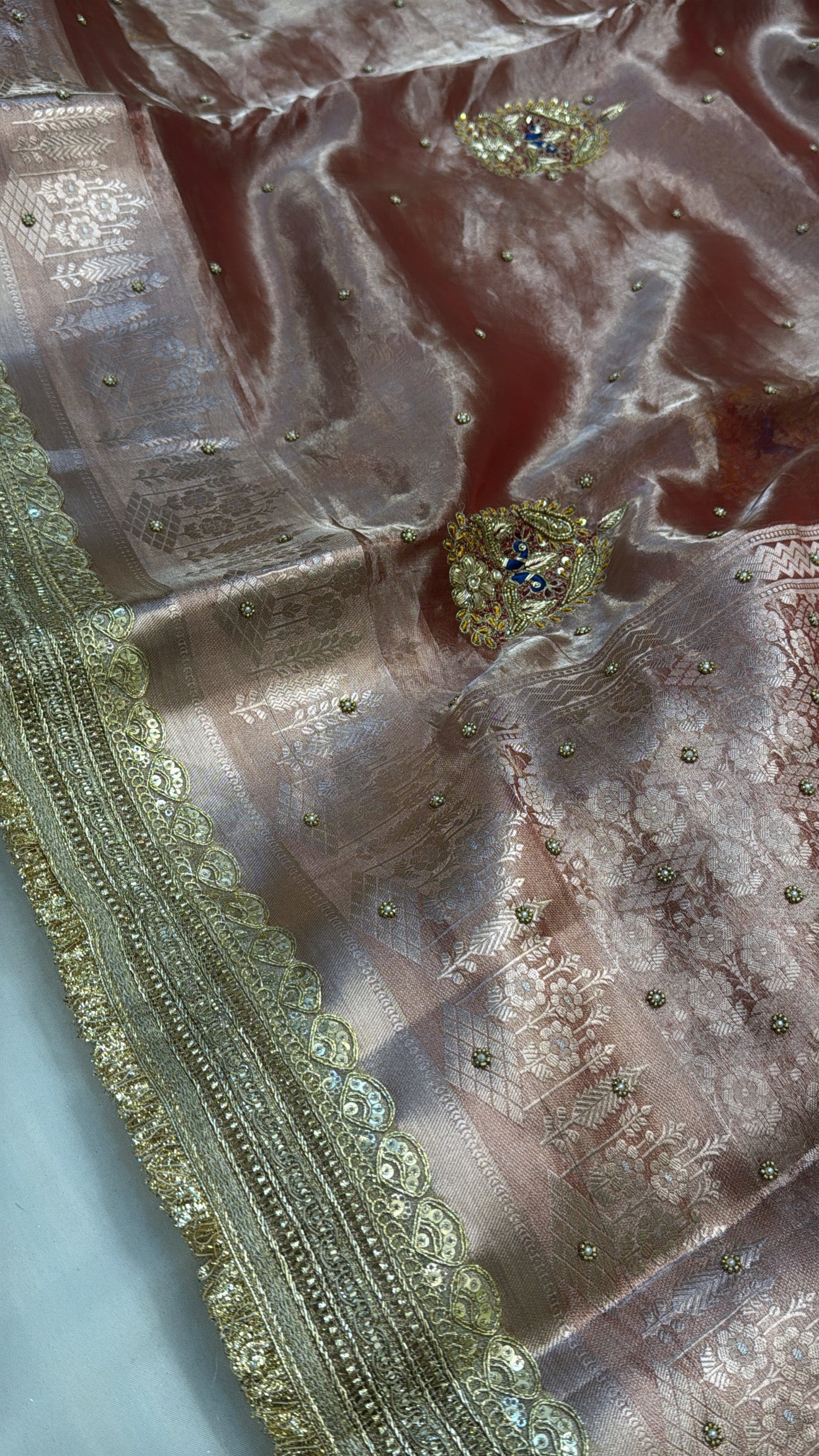 Rose gold peach tissue silk zardozi work hand embroidered kadhwa saree