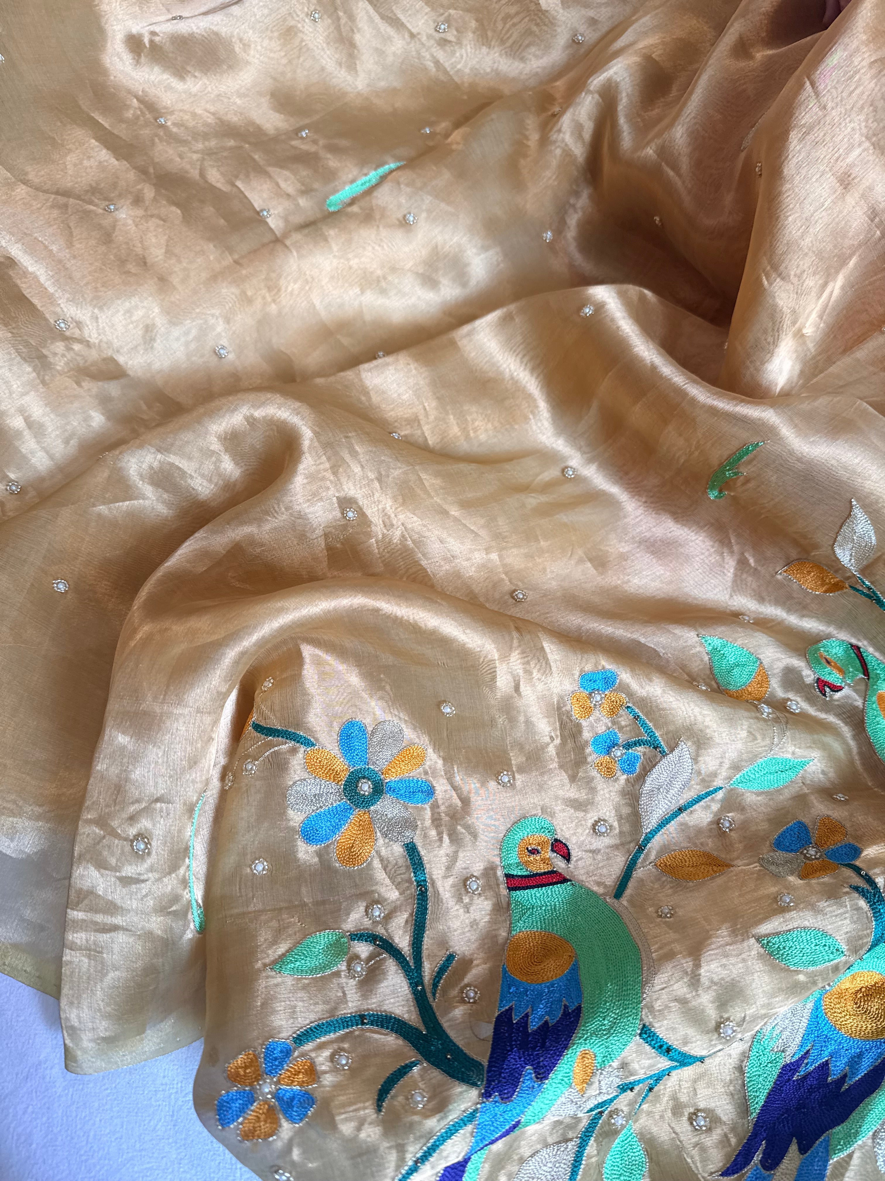 Tissue silk champagne gold paithani design inspired hand embroidered saree
