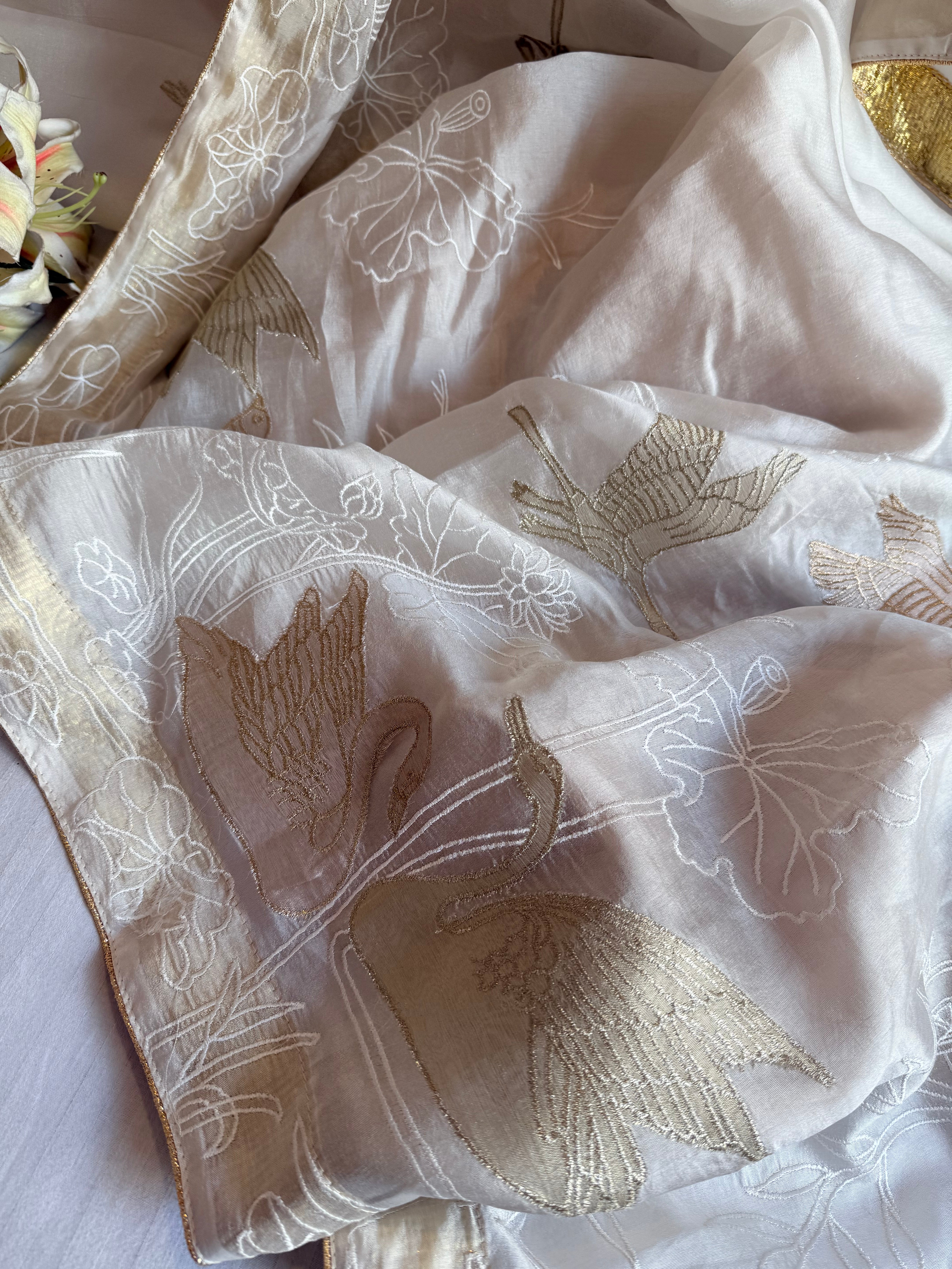 Hans wala safeed spun chiniya silk appliqué tissue hand embroidered lampiwork saree