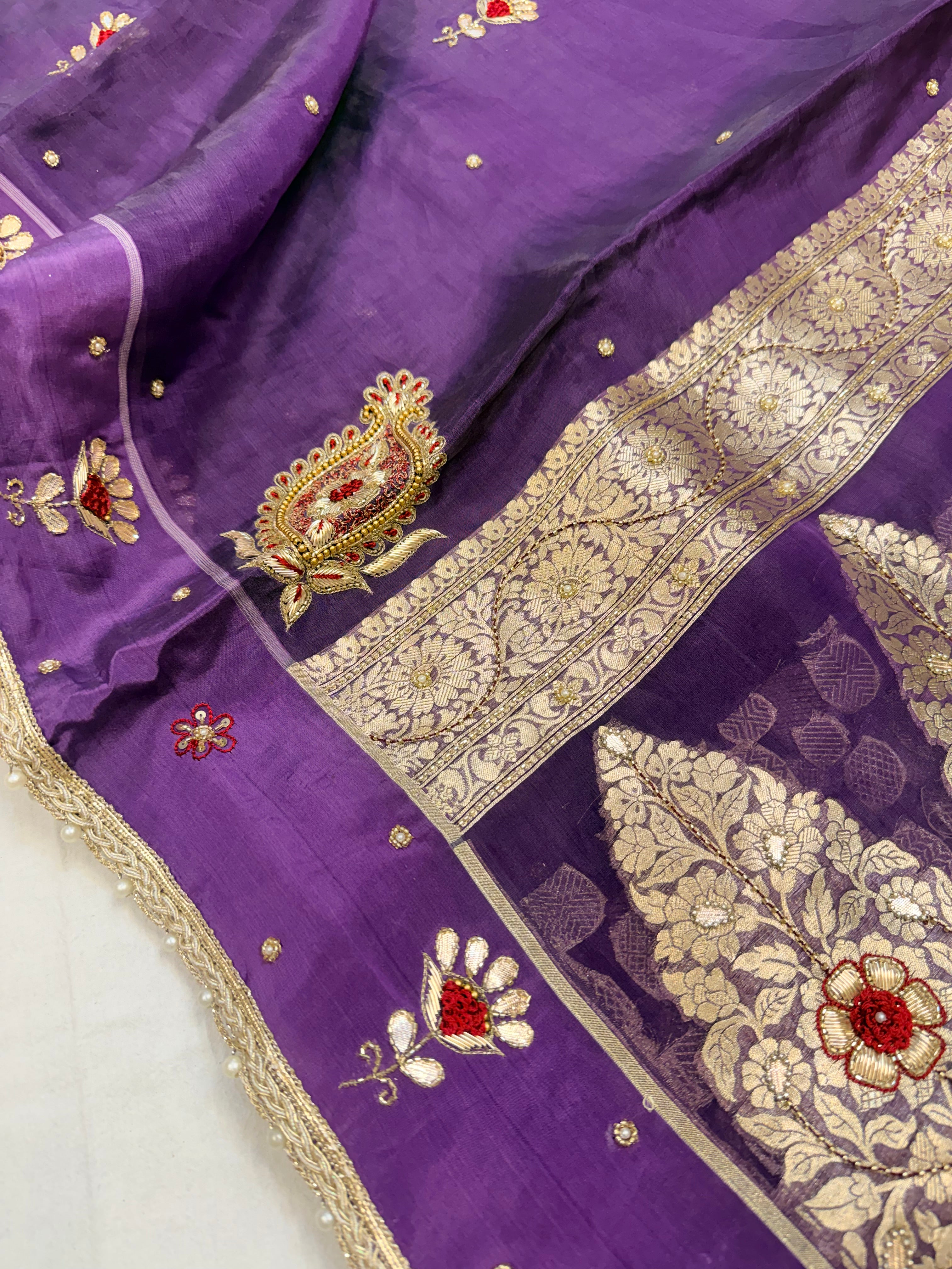 Brinjal purple tissue silk hand embroidered kadhwa saree