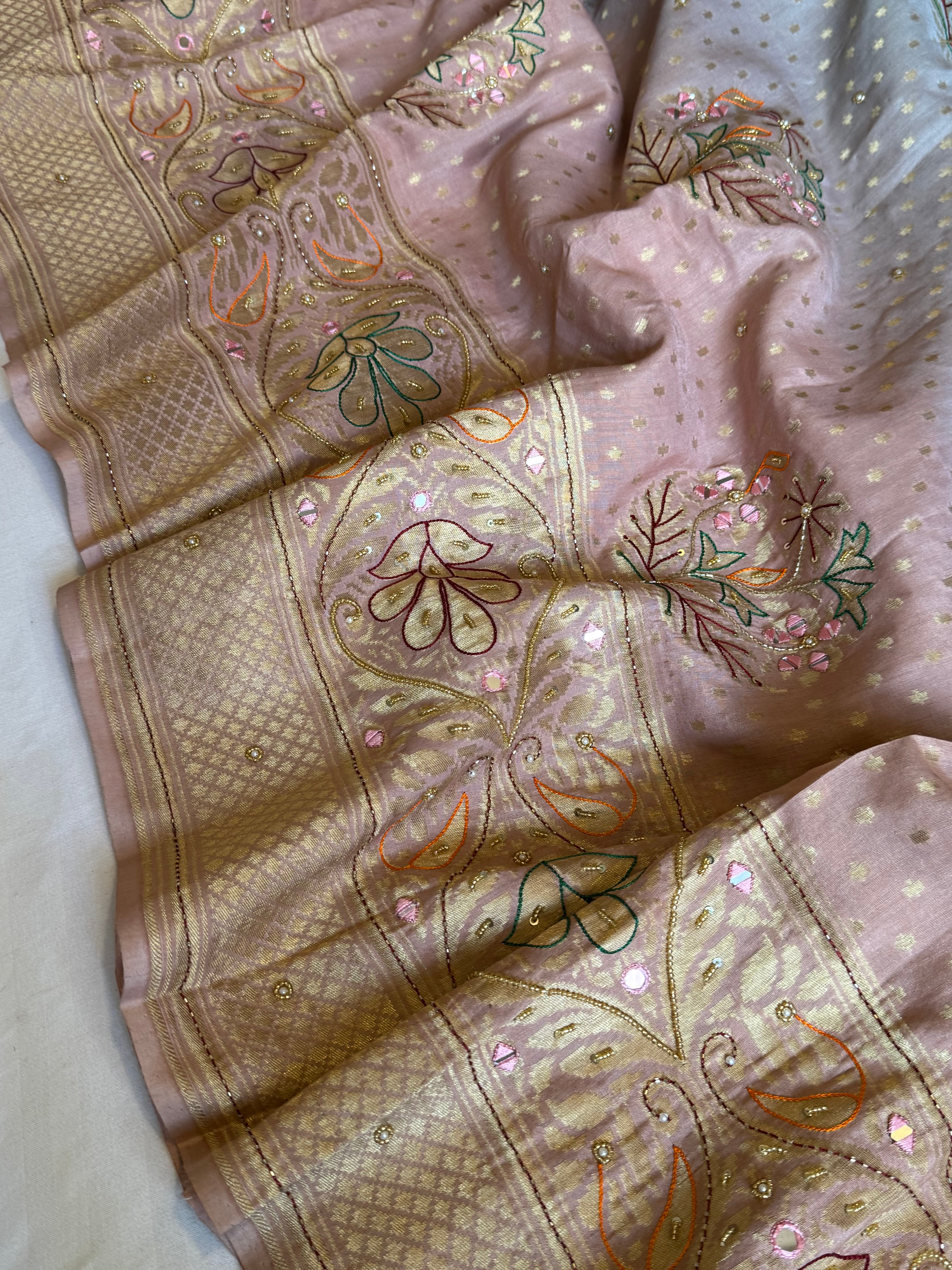 Moonga silk blush blue and pink ombre shaded hand embroidered kadhwa saree