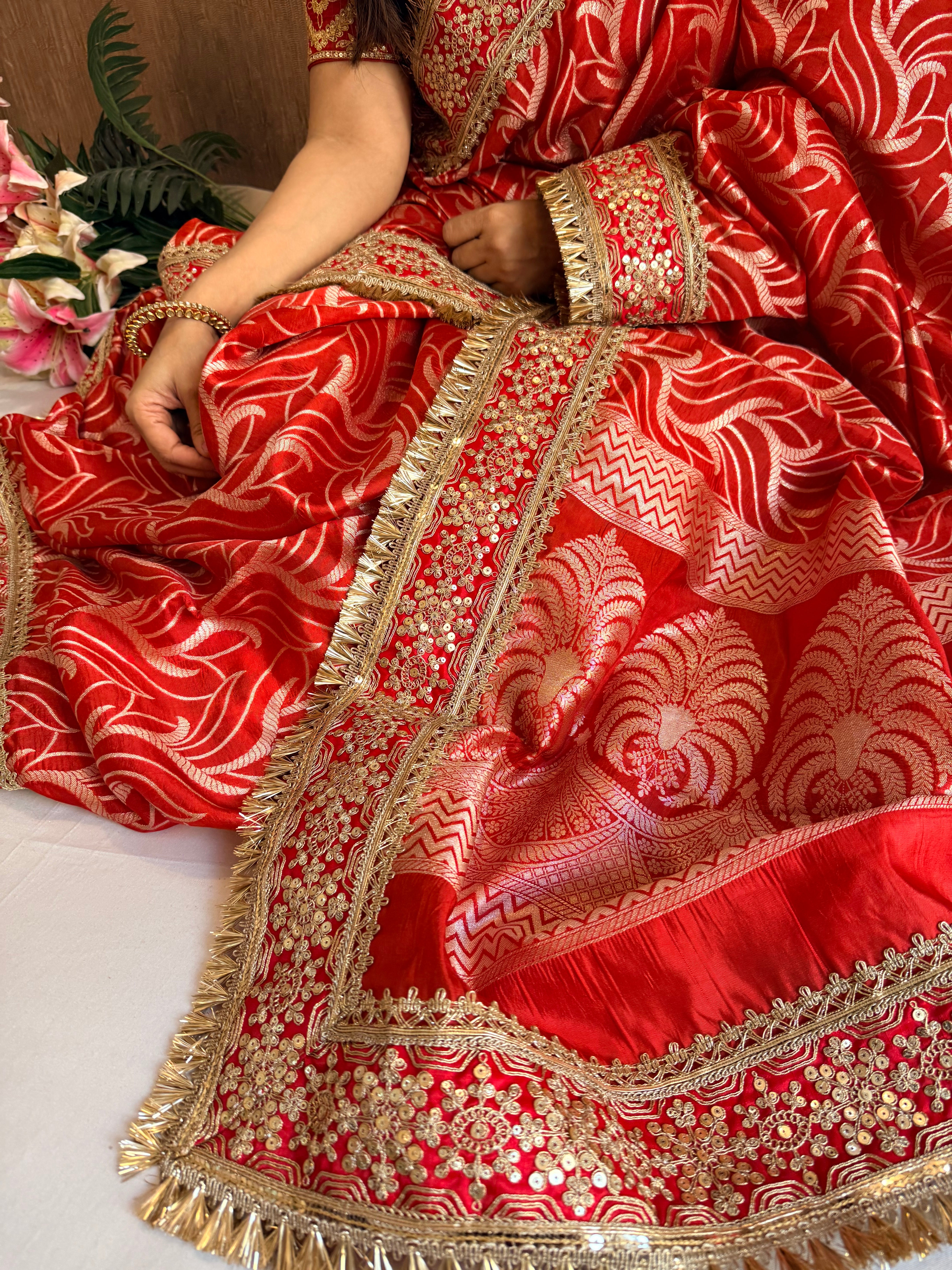 Bridal red raw mango soft silk tissue silk abstract weaving saree