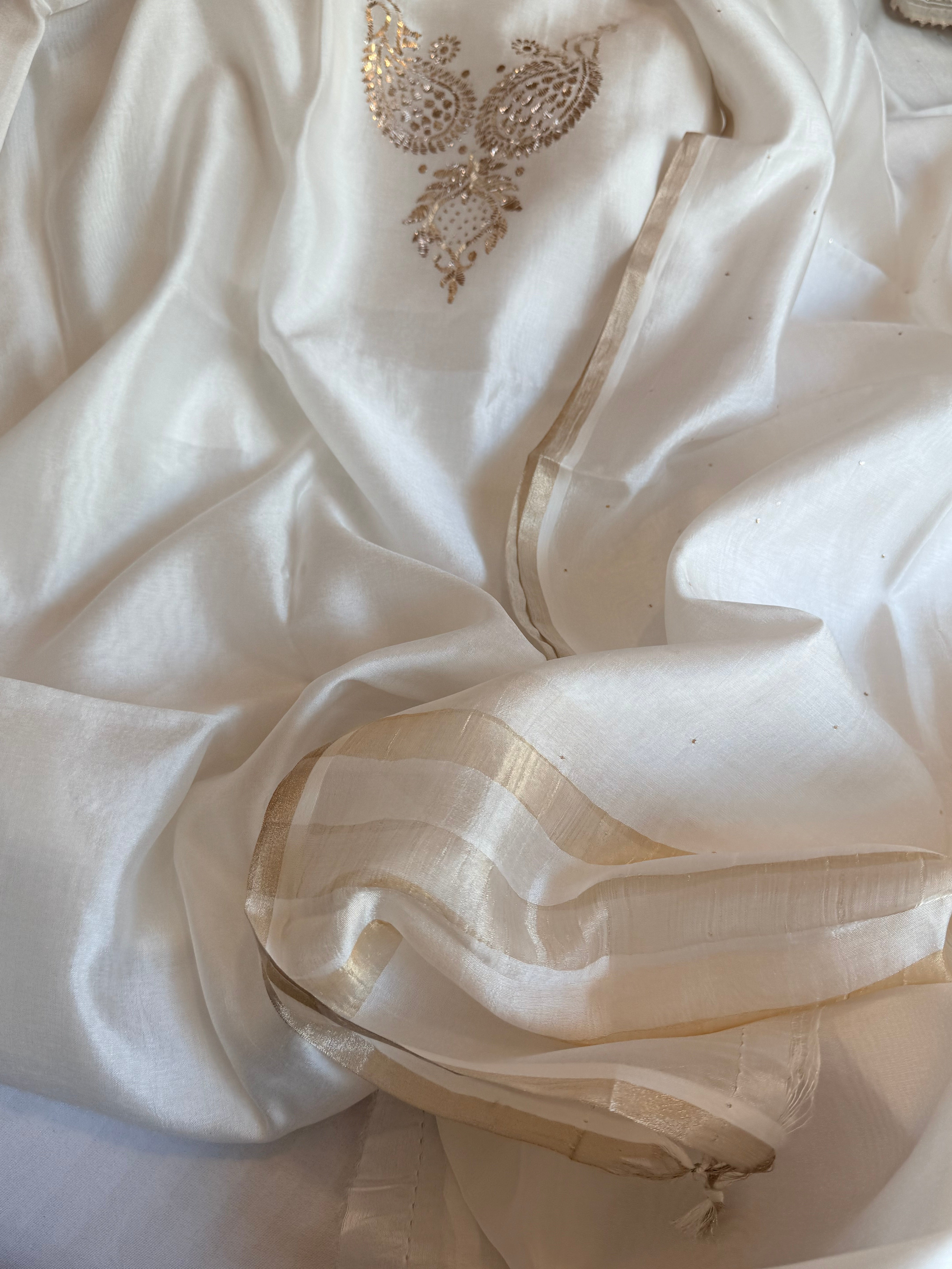 Pearl white spun chiniya silk mukaish hand embroidered suit sets