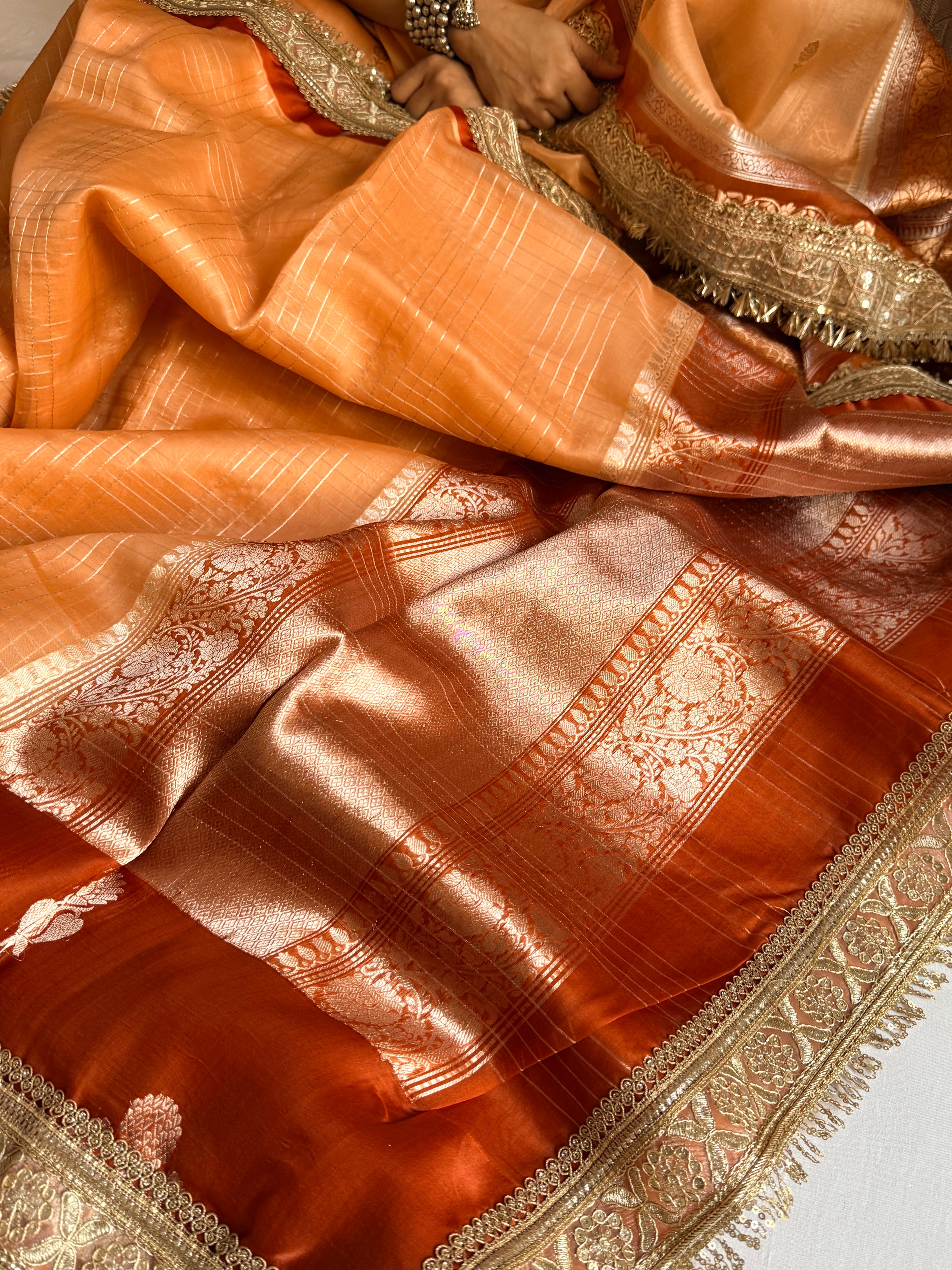 Banarasi leela burnt orange-red kora silk kadhwa saree