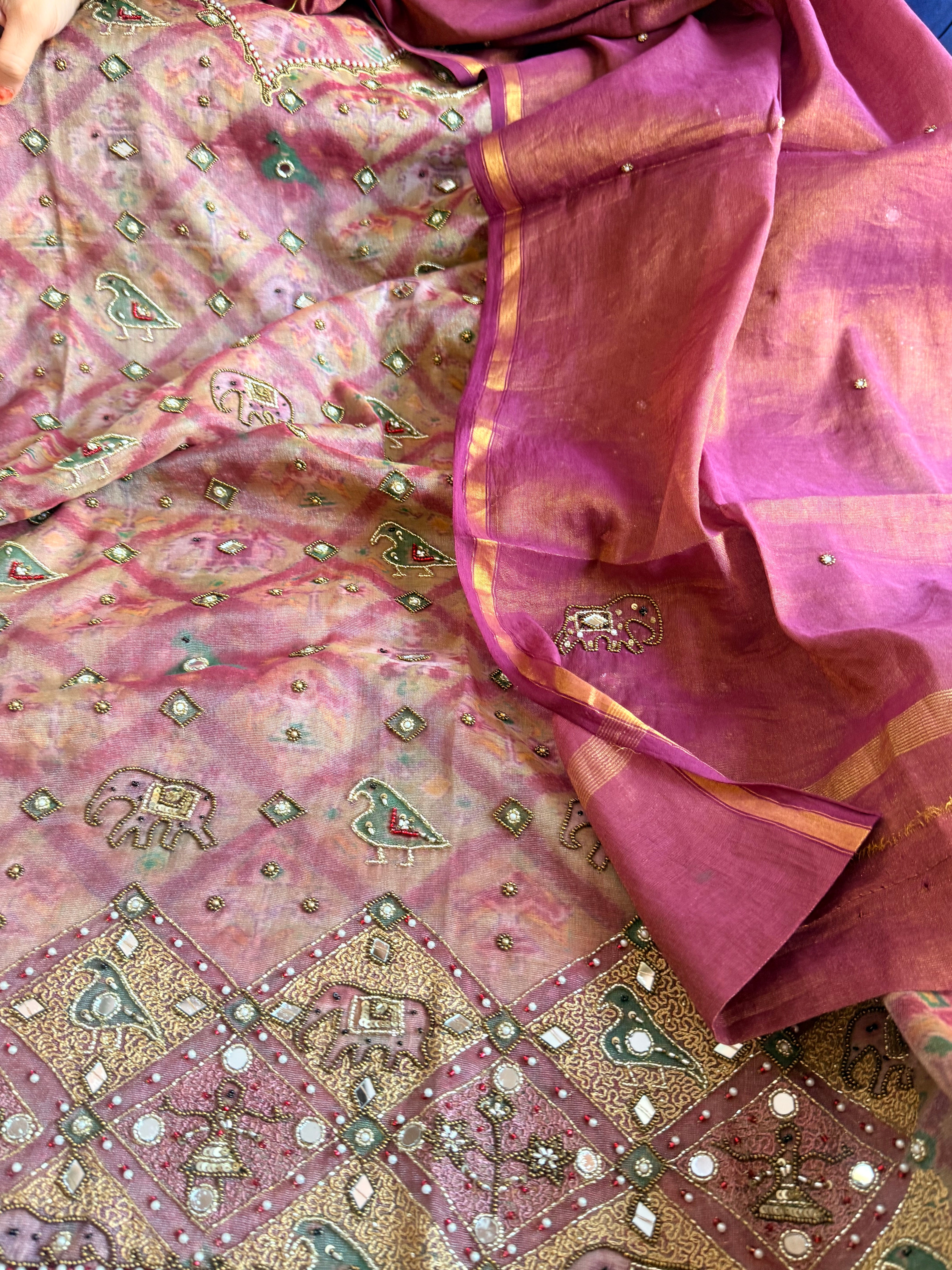 Patola weaving hand embroidered mul cotton tissue suit sets